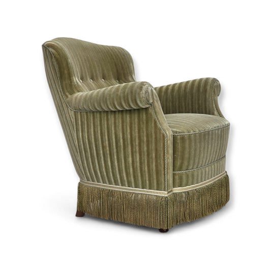 1960s, Danish armchair, original striped furniture velour, beech wood legs.