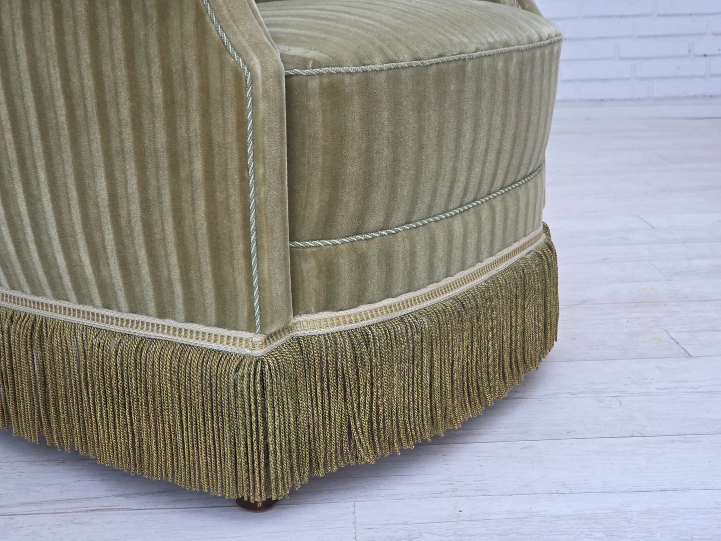 1960s, Danish armchair, original striped furniture velour, beech wood legs.