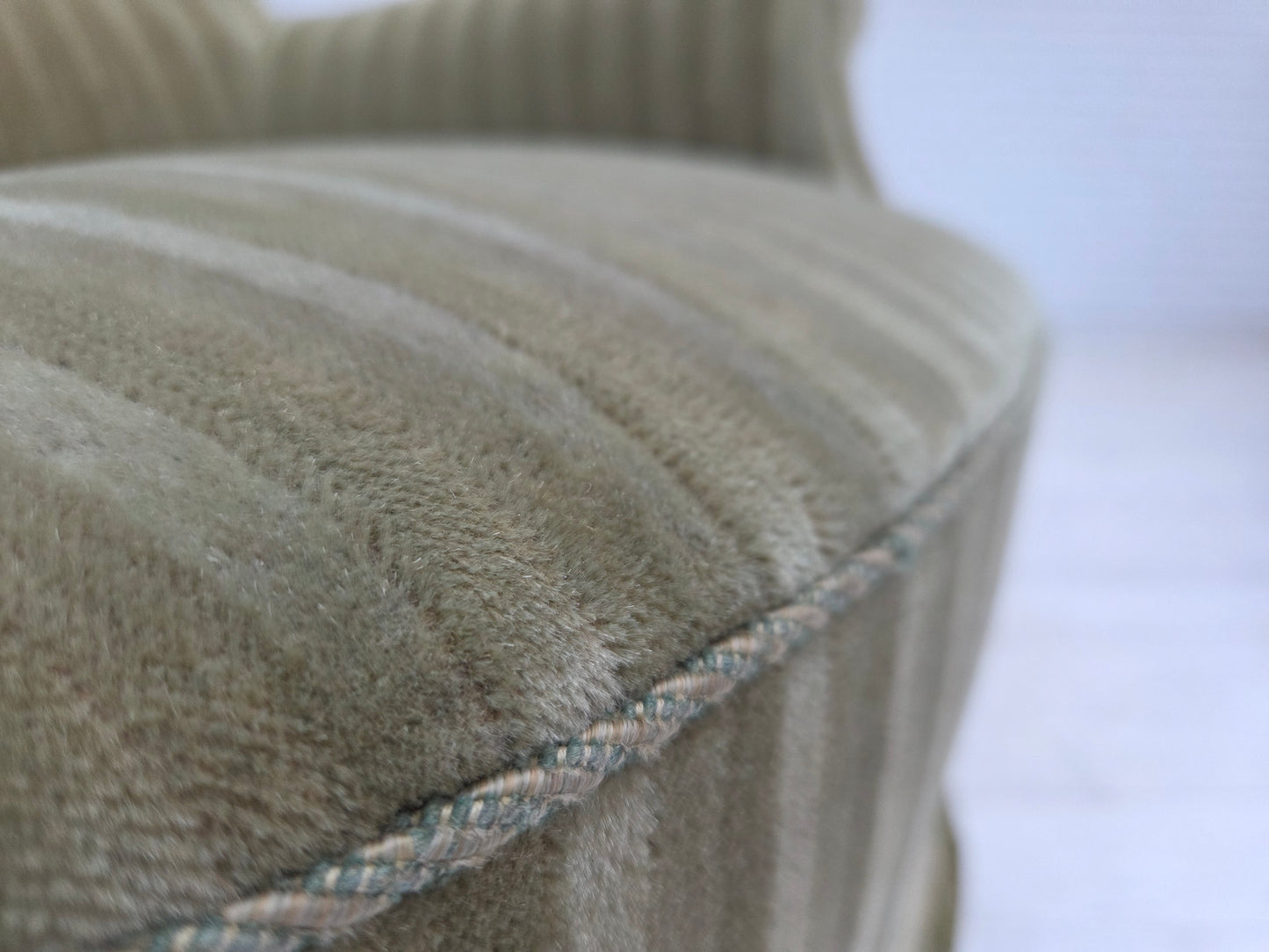 1960s, Danish armchair, original striped furniture velour, beech wood legs.