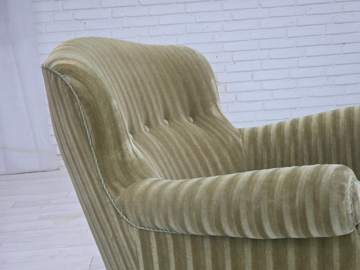 1960s, Danish armchair, original striped furniture velour, beech wood legs.