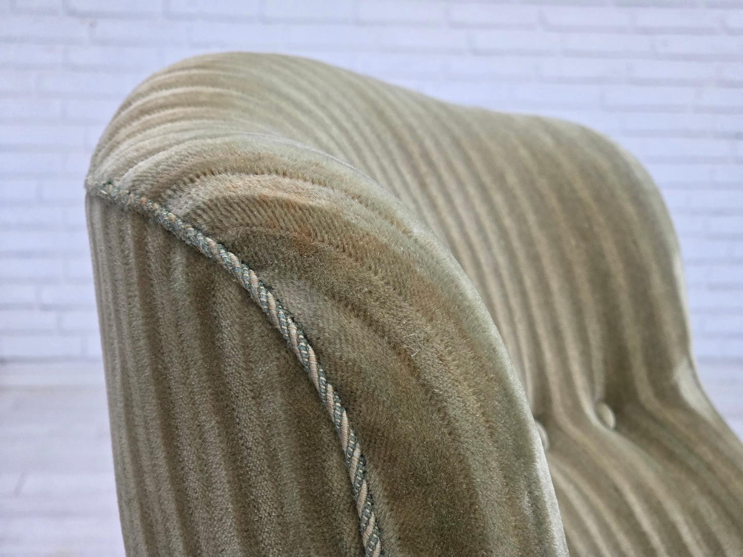 1960s, Danish armchair, original striped furniture velour, beech wood legs.