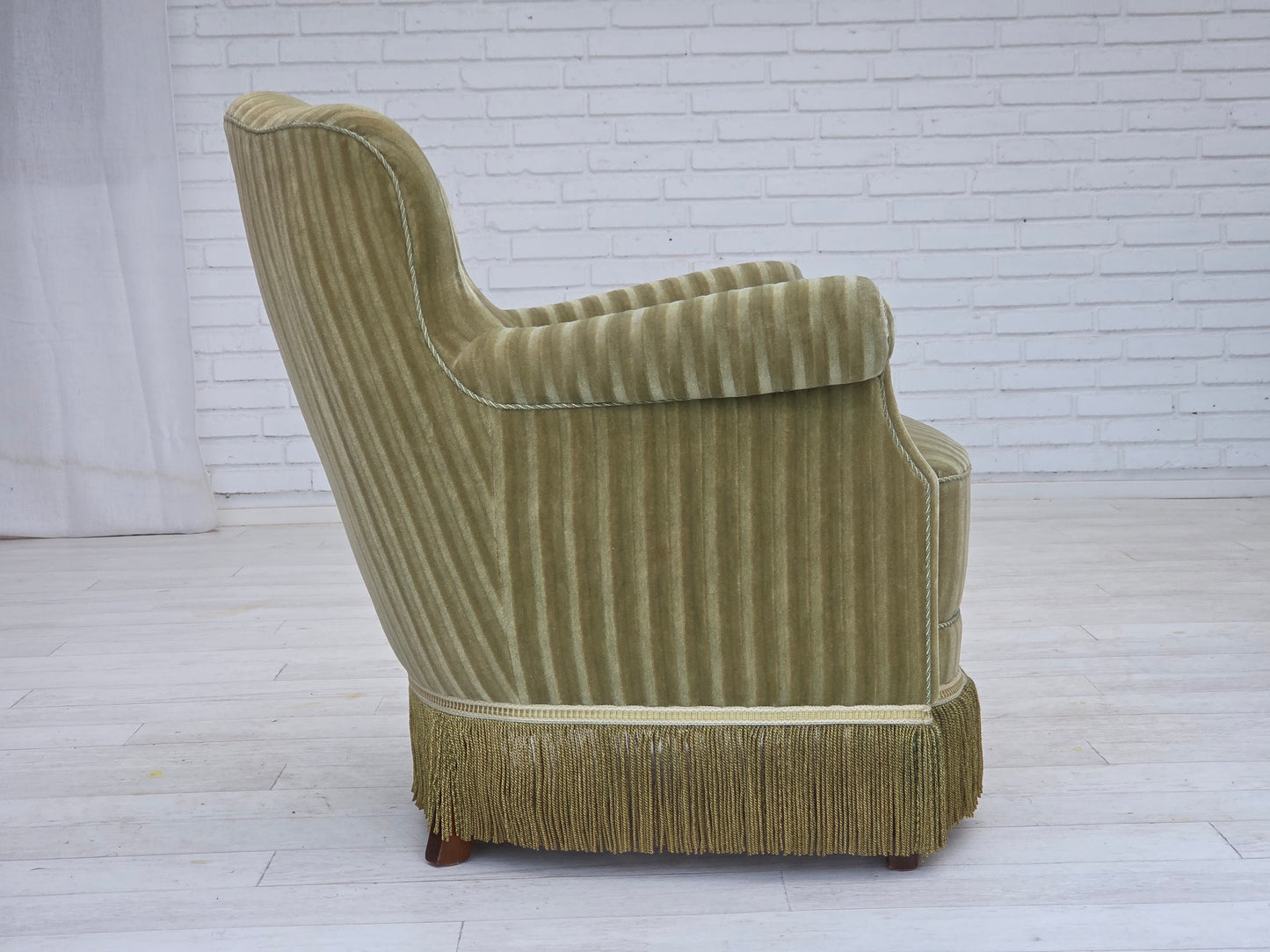 1960s, Danish armchair, original striped furniture velour, beech wood legs.