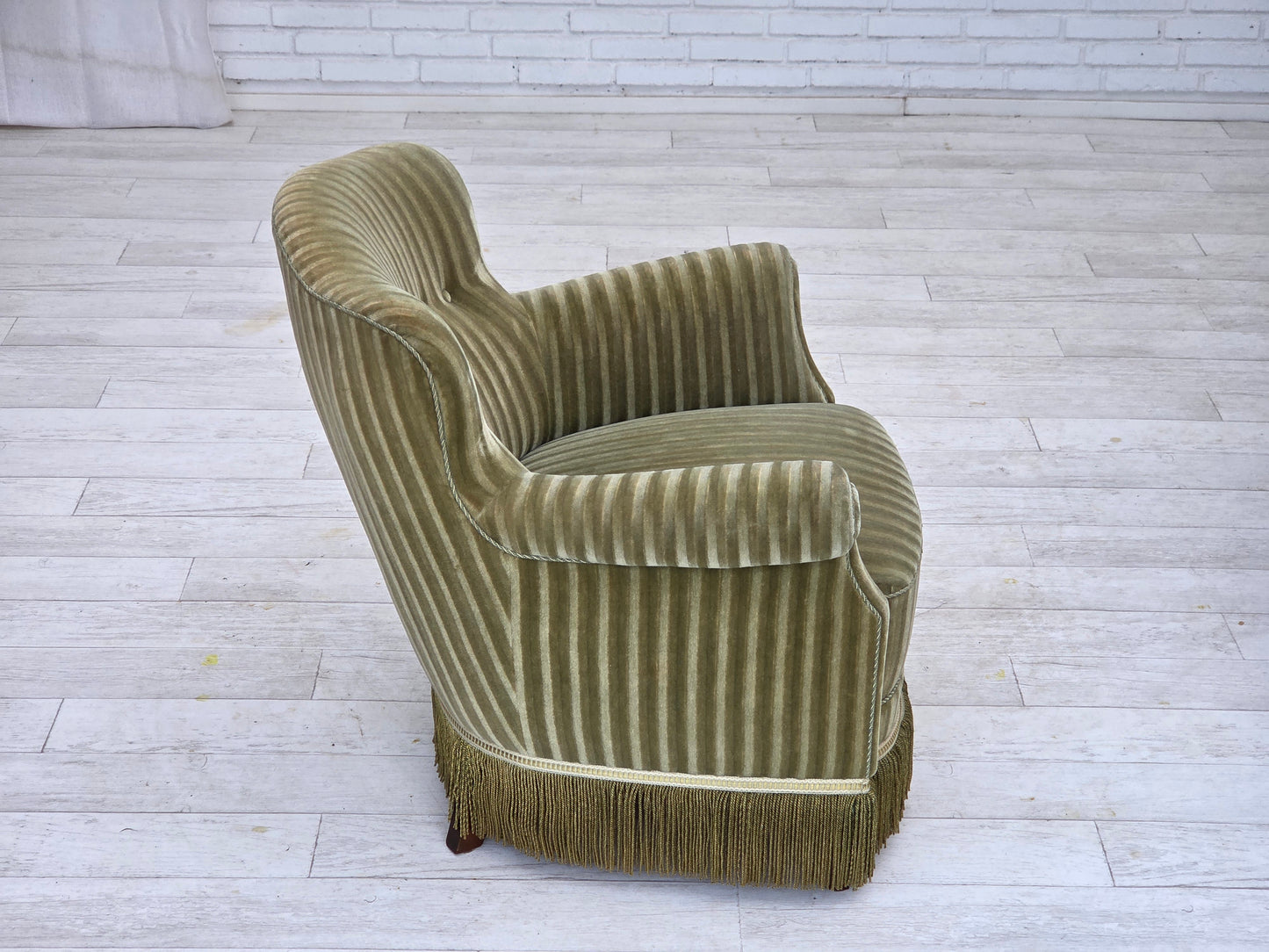 1960s, Danish armchair, original striped furniture velour, beech wood legs.