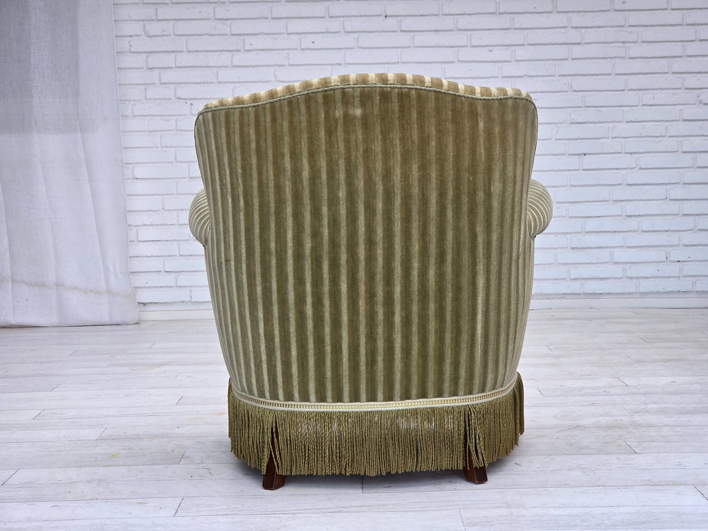 1960s, Danish armchair, original striped furniture velour, beech wood legs.