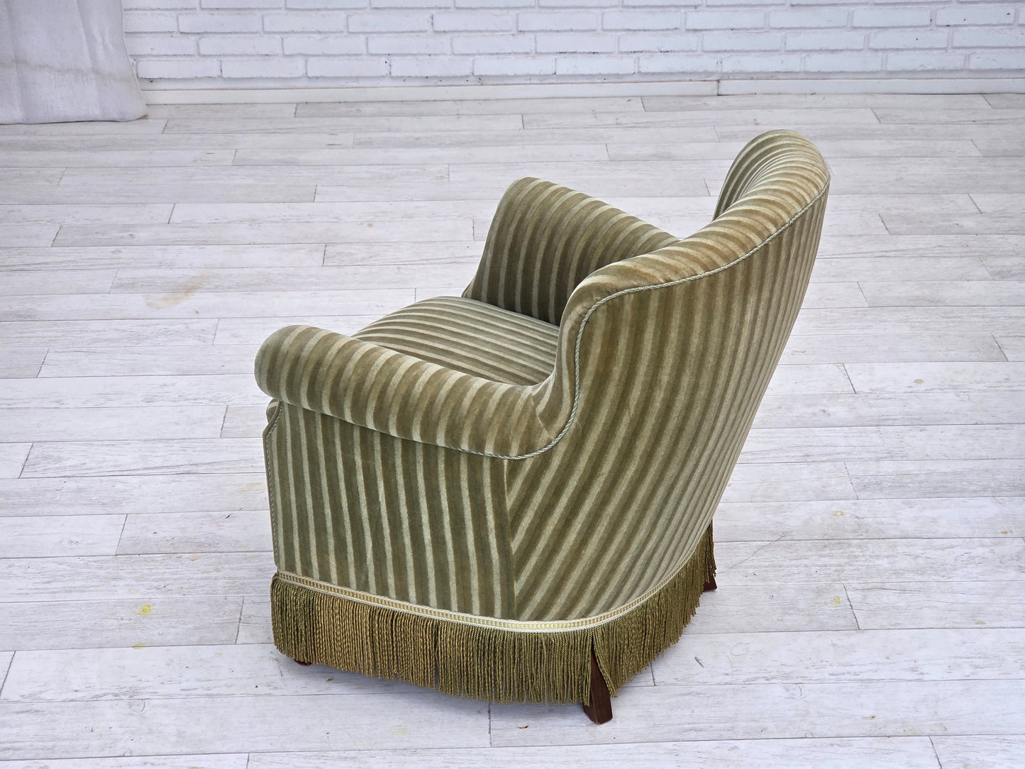1960s, Danish armchair, original striped furniture velour, beech wood legs.