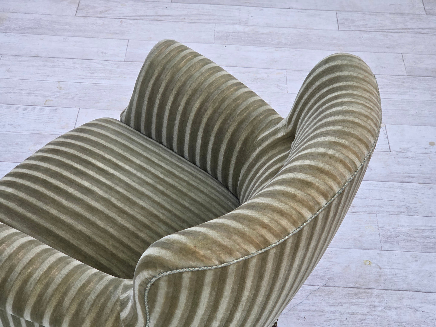 1960s, Danish armchair, original striped furniture velour, beech wood legs.