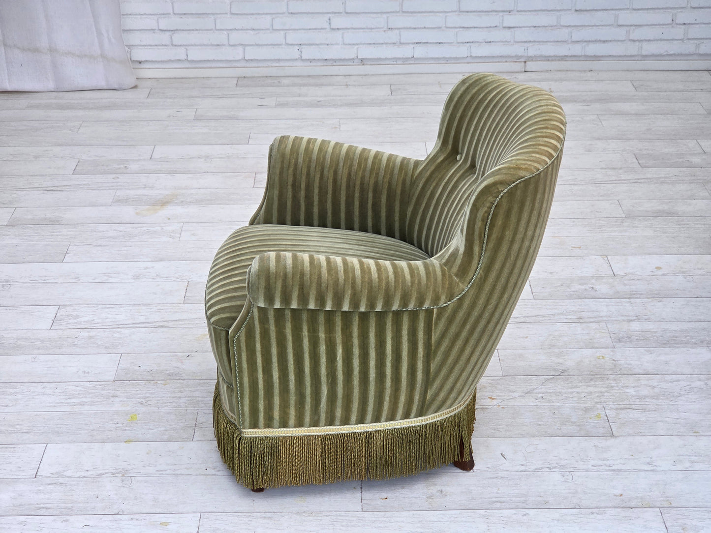 1960s, Danish armchair, original striped furniture velour, beech wood legs.