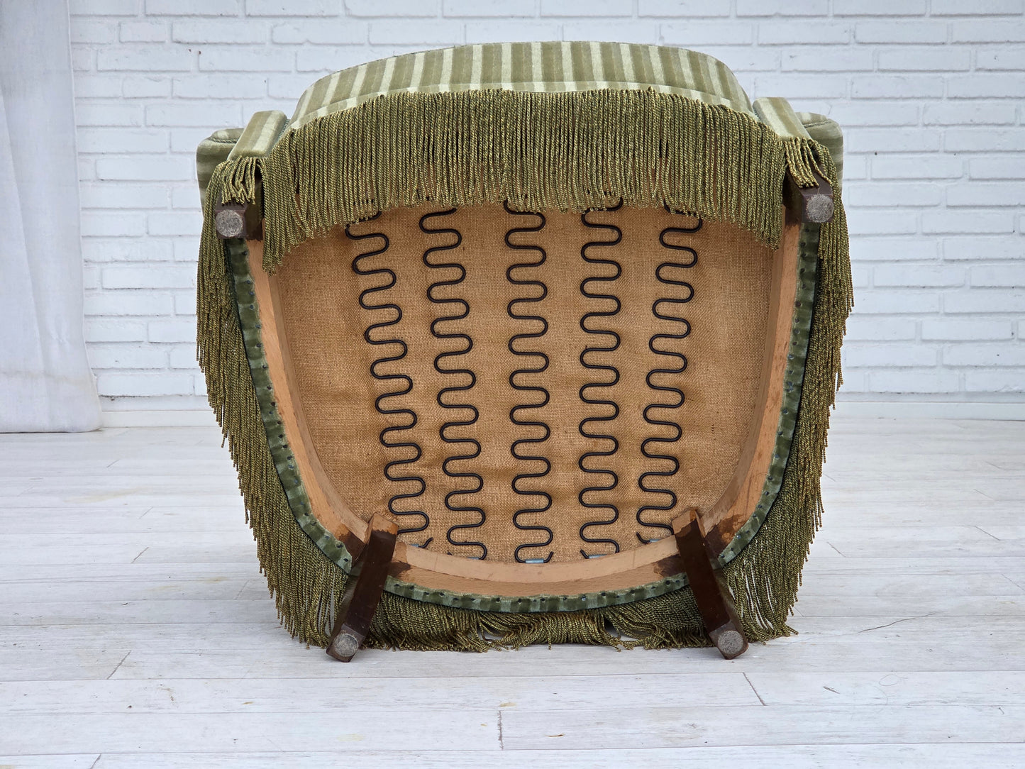 1960s, Danish armchair, original striped furniture velour, beech wood legs.