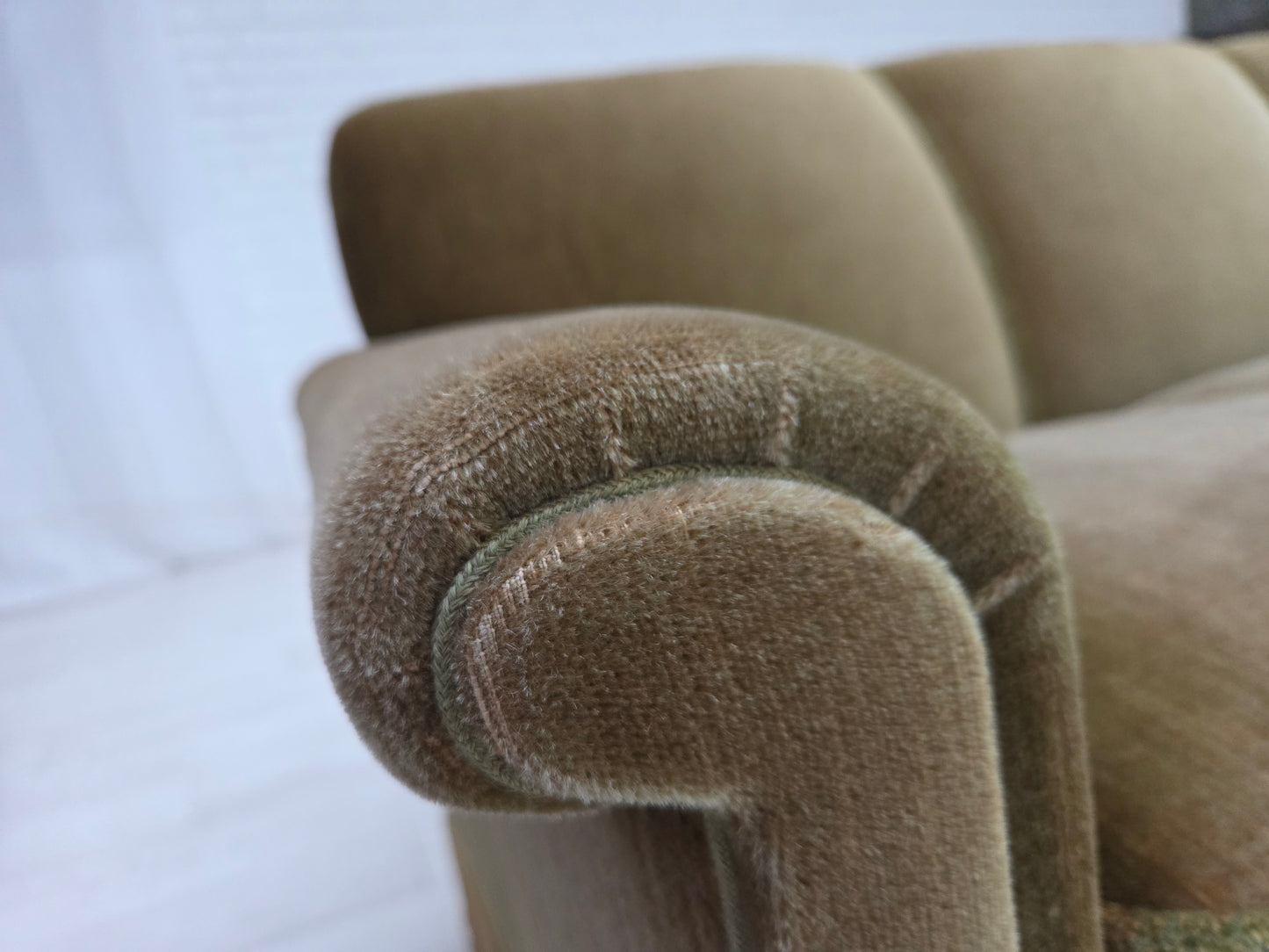 1970s, Danish 3-seater sofa, green furniture velour, teak wood legs.