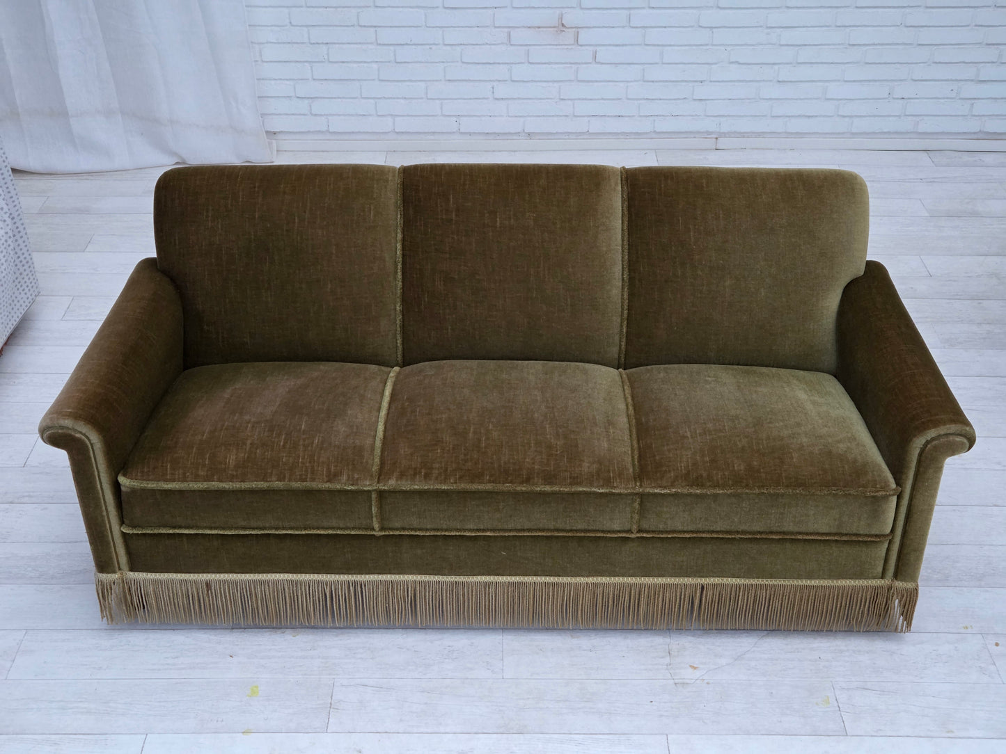 1970s, Danish 3-seater sofa, green furniture velour, teak wood legs.