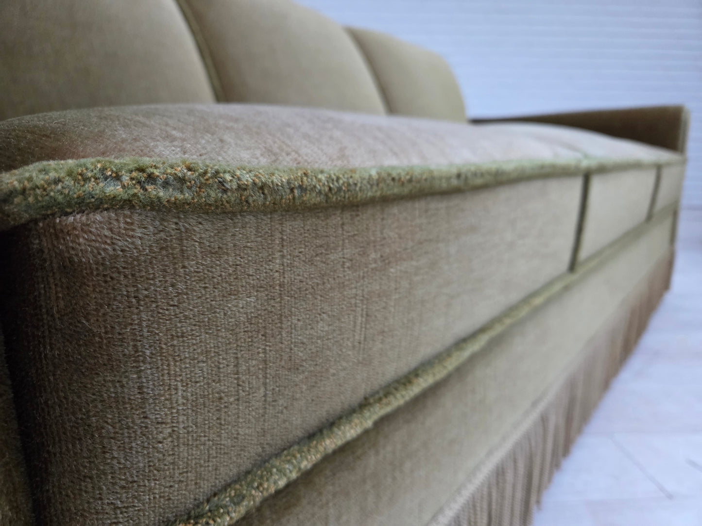 1970s, Danish 3-seater sofa, green furniture velour, teak wood legs.