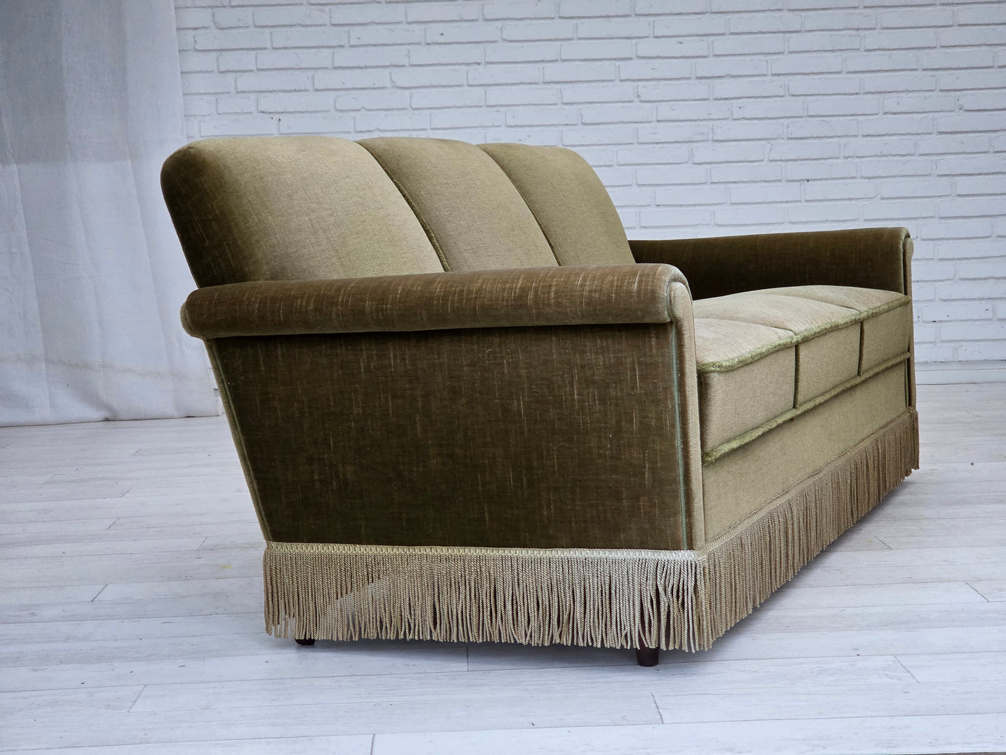 1970s, Danish 3-seater sofa, green furniture velour, teak wood legs.