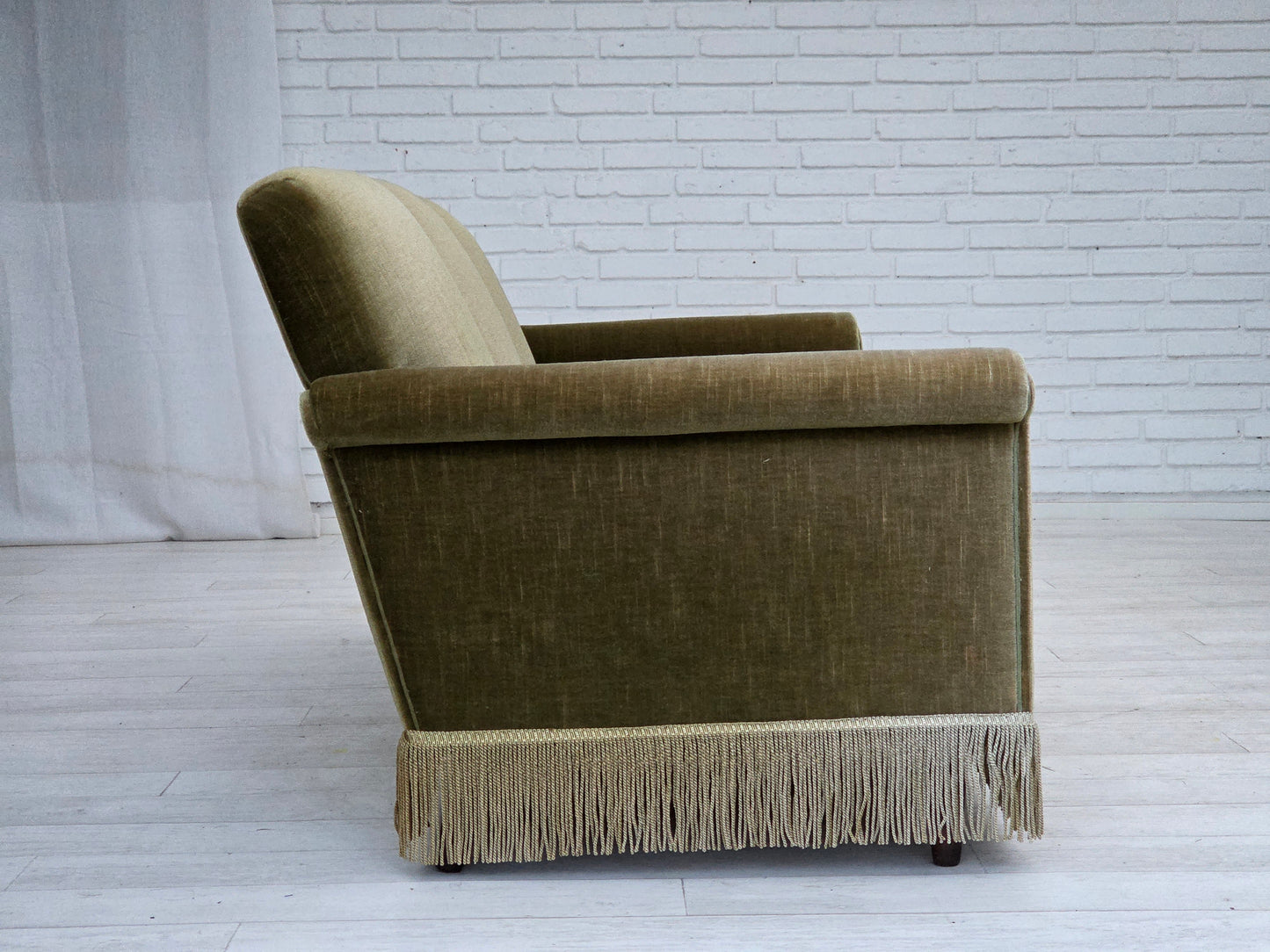 1970s, Danish 3-seater sofa, green furniture velour, teak wood legs.