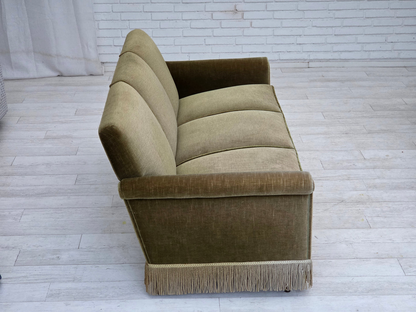 1970s, Danish 3-seater sofa, green furniture velour, teak wood legs.