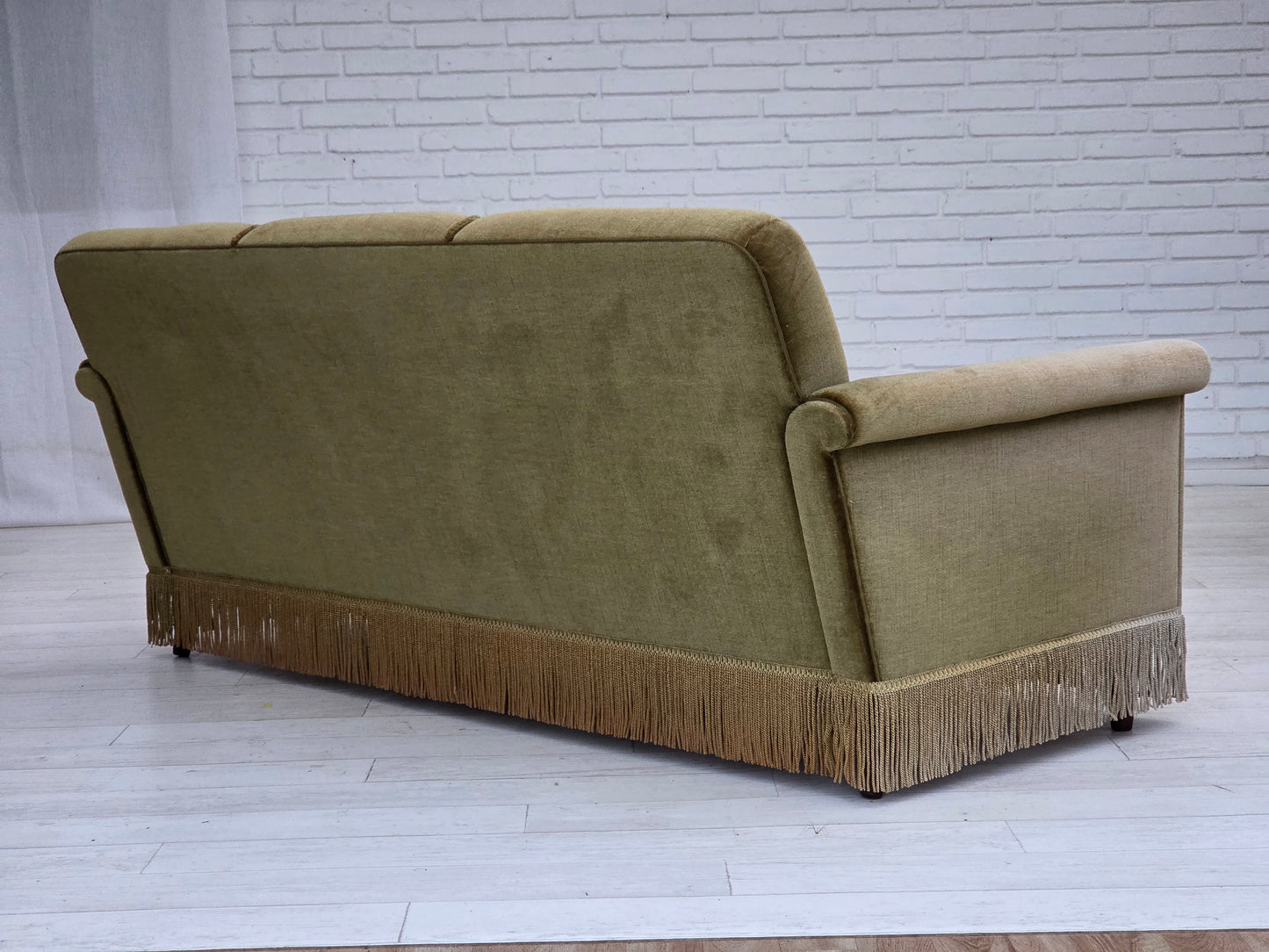 1970s, Danish 3-seater sofa, green furniture velour, teak wood legs.