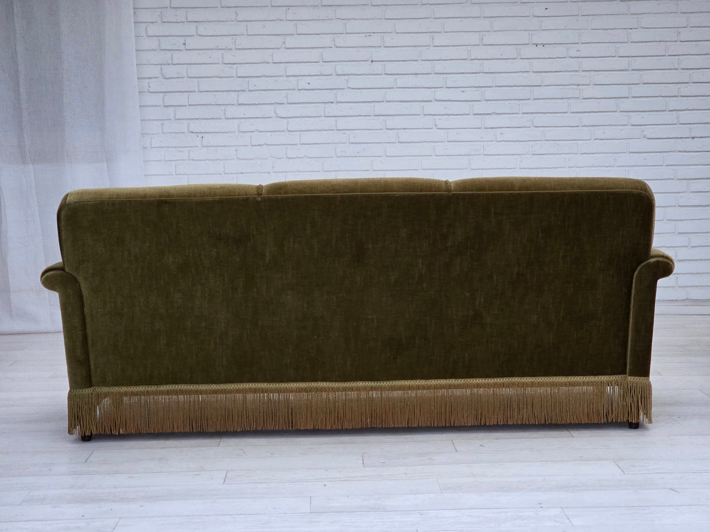 1970s, Danish 3-seater sofa, green furniture velour, teak wood legs.