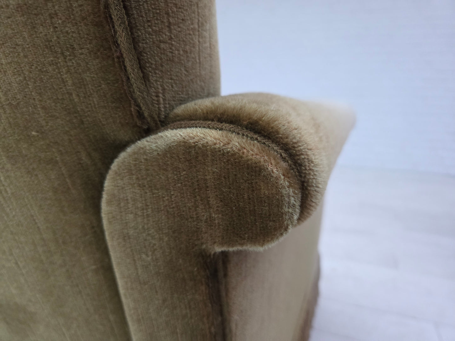 1970s, Danish 3-seater sofa, green furniture velour, teak wood legs.