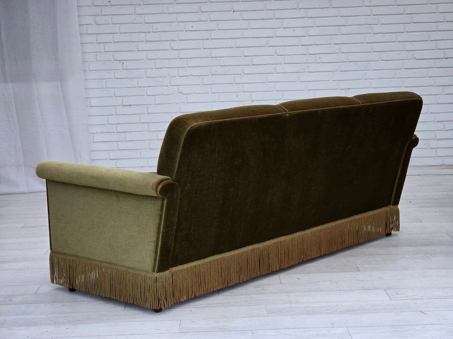1970s, Danish 3-seater sofa, green furniture velour, teak wood legs.