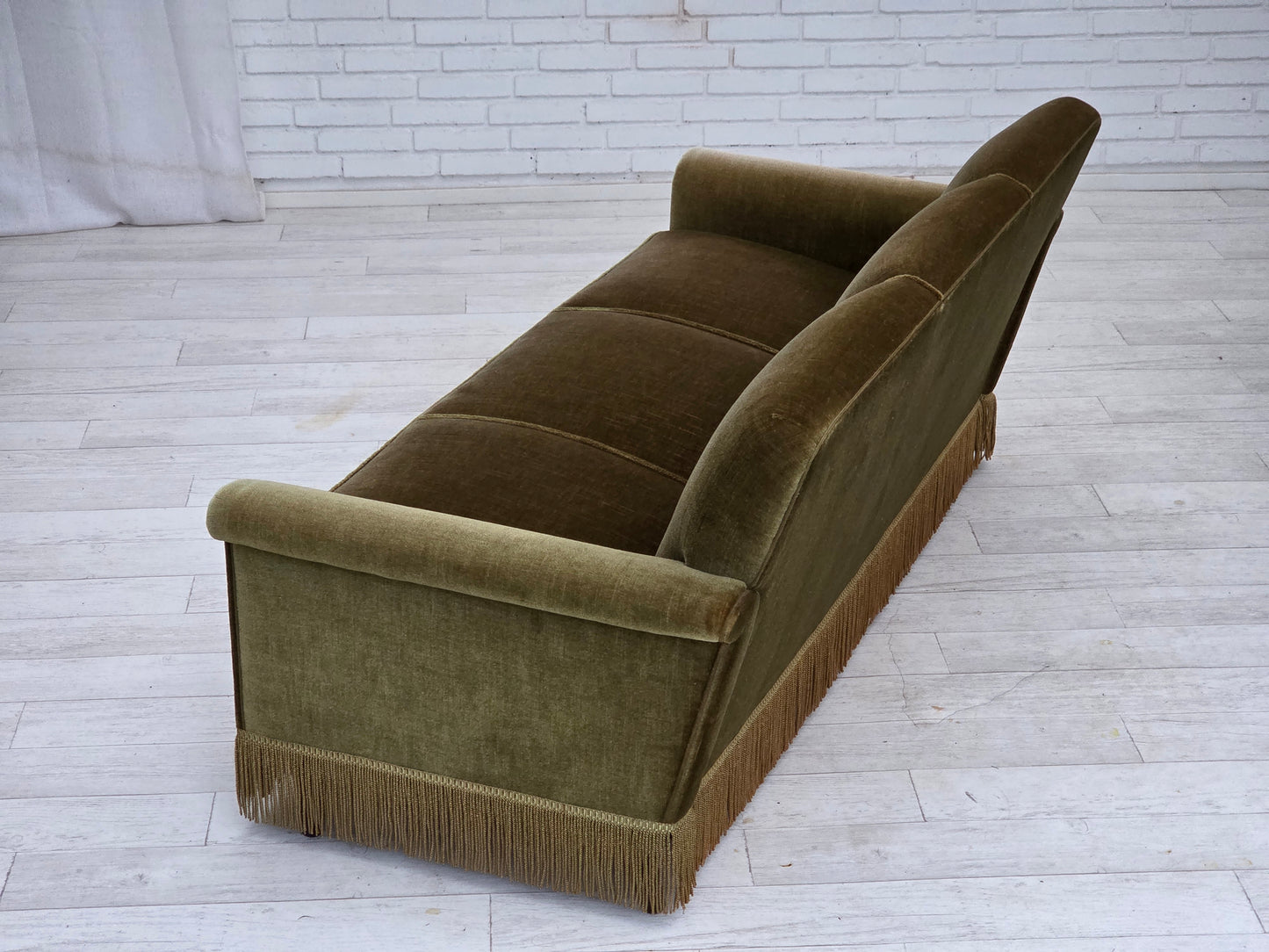 1970s, Danish 3-seater sofa, green furniture velour, teak wood legs.