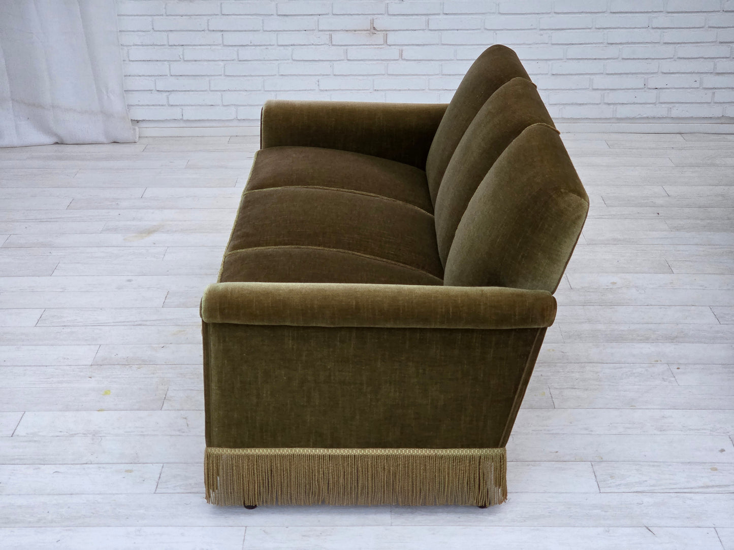 1970s, Danish 3-seater sofa, green furniture velour, teak wood legs.