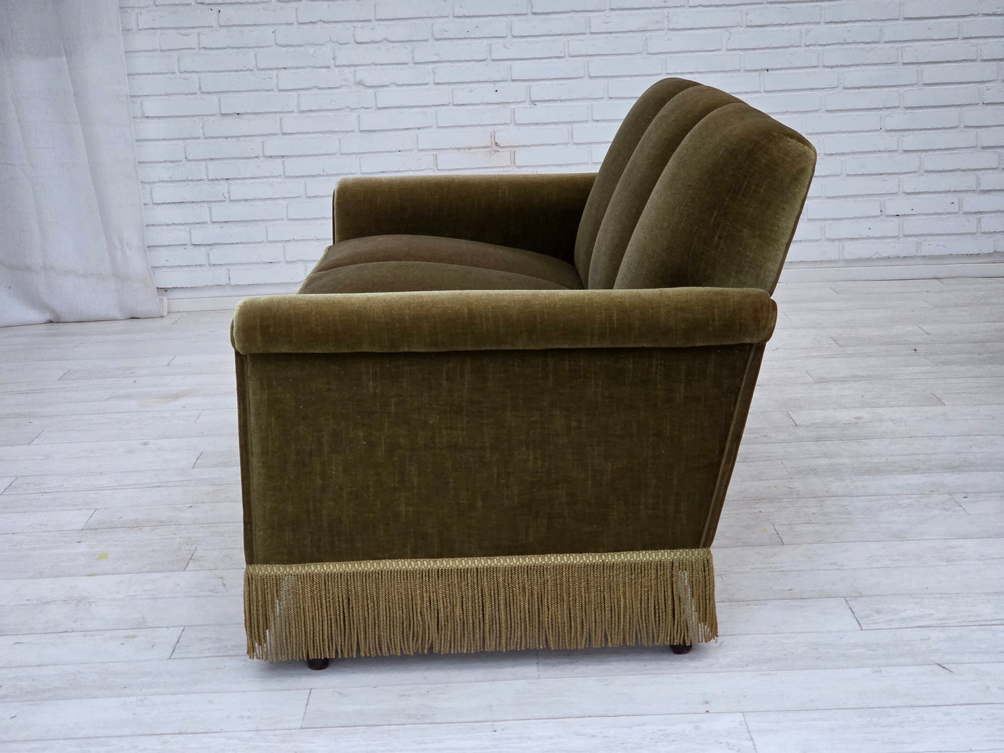 1970s, Danish 3-seater sofa, green furniture velour, teak wood legs.