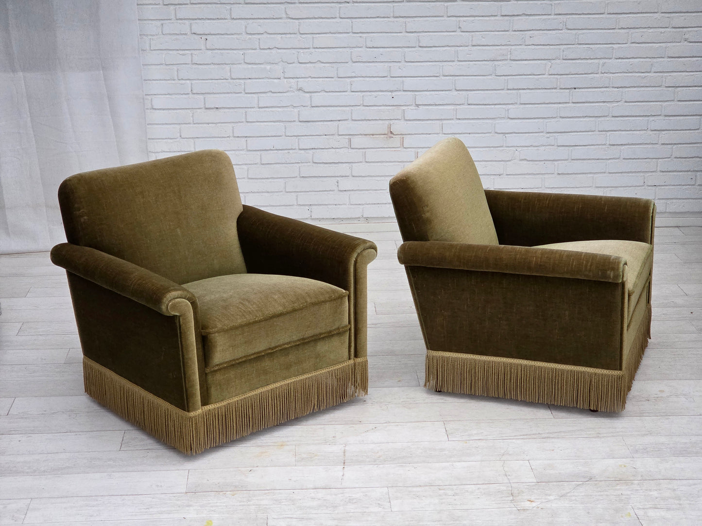 1970s, Danish armchair, original green furniture velour, teak wood legs.