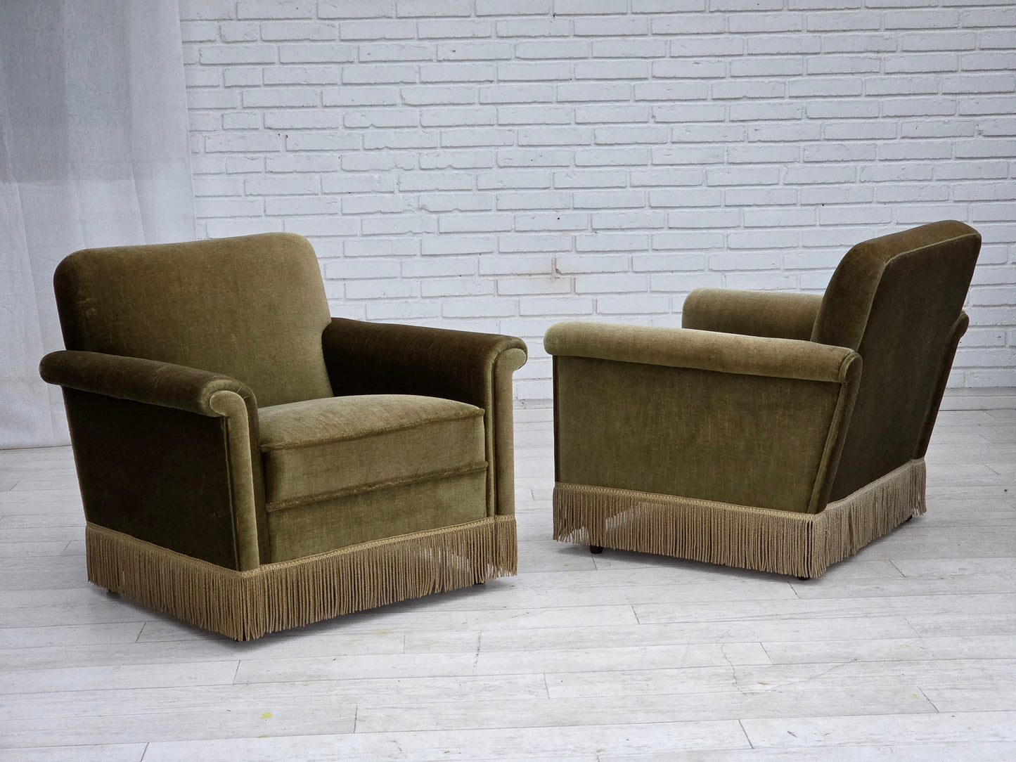 1970s, Danish armchair, original green furniture velour, teak wood legs.