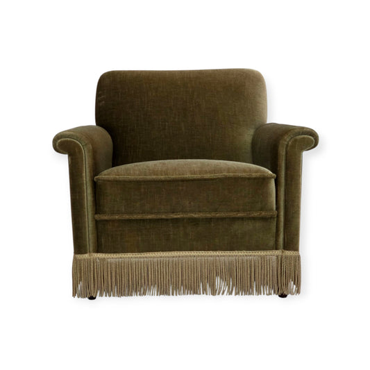 1970s, Danish armchair, original green furniture velour, teak wood legs.