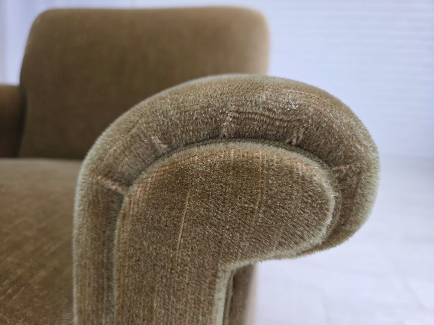 1970s, Danish armchair, original green furniture velour, teak wood legs.