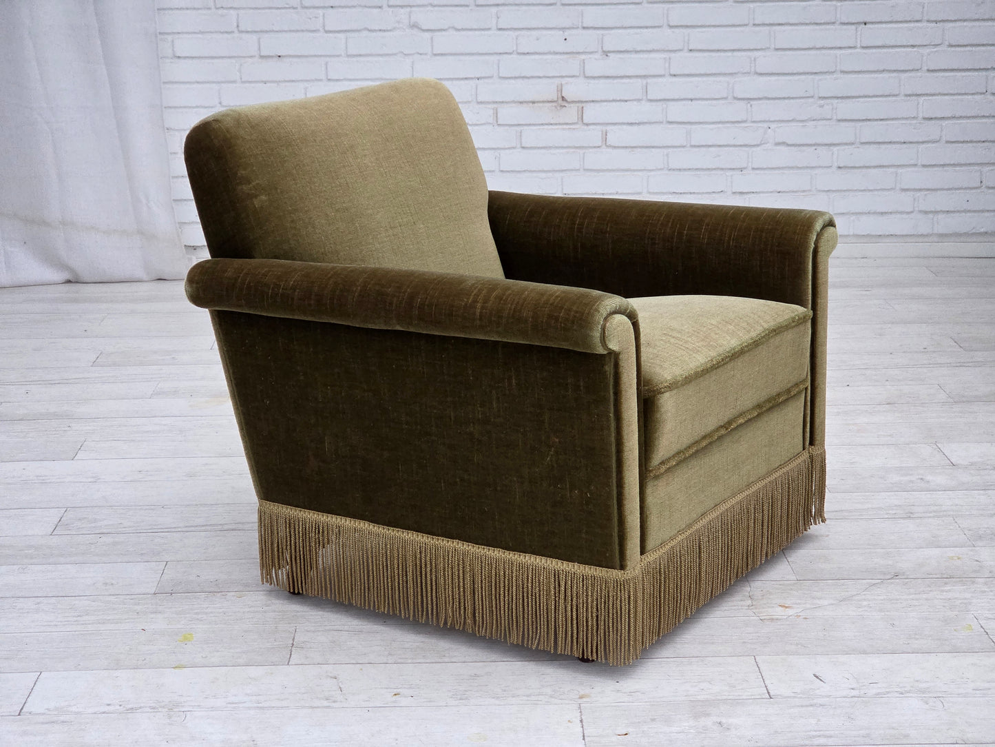 1970s, Danish armchair, original green furniture velour, teak wood legs.