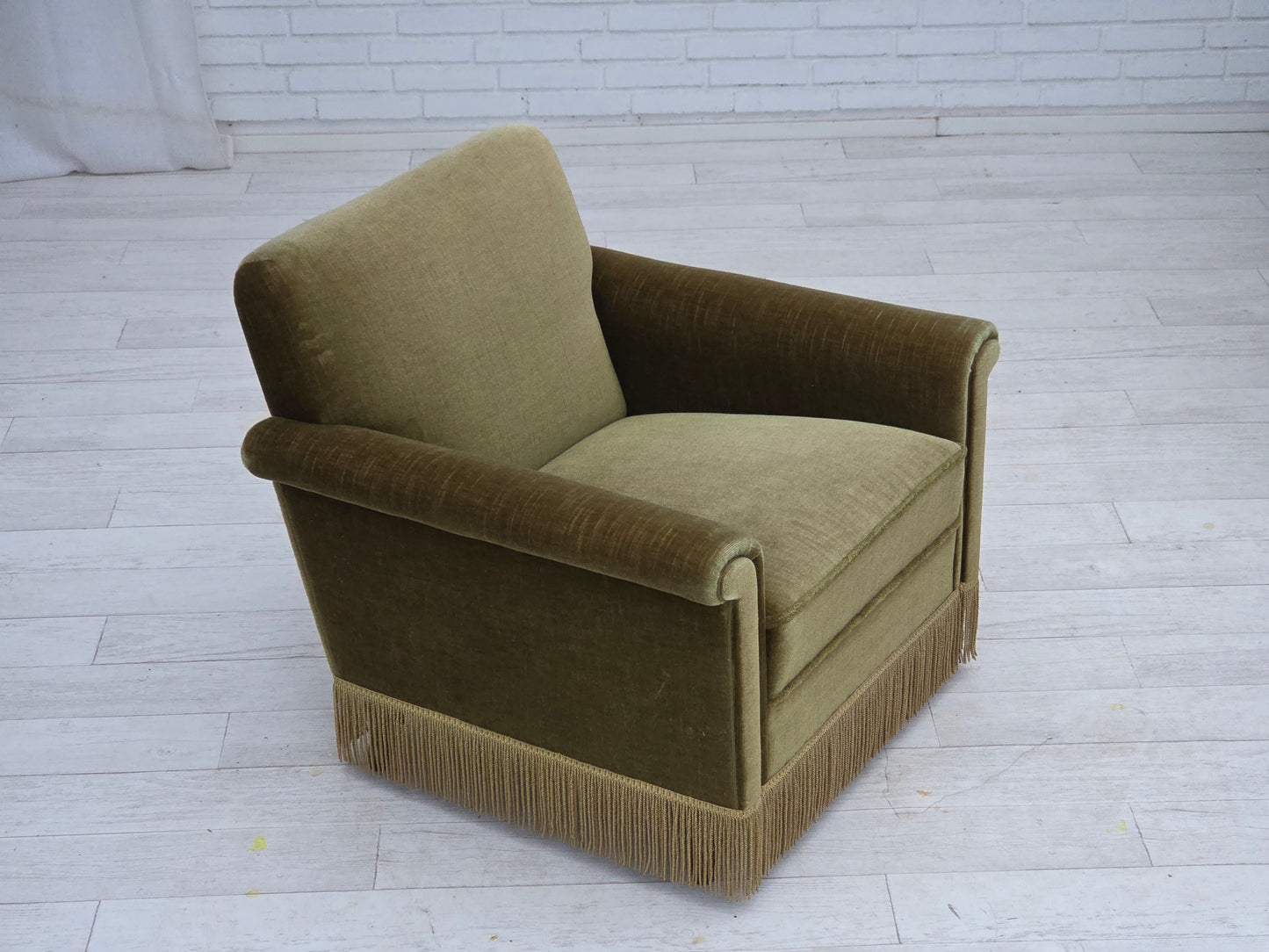 1970s, Danish armchair, original green furniture velour, teak wood legs.