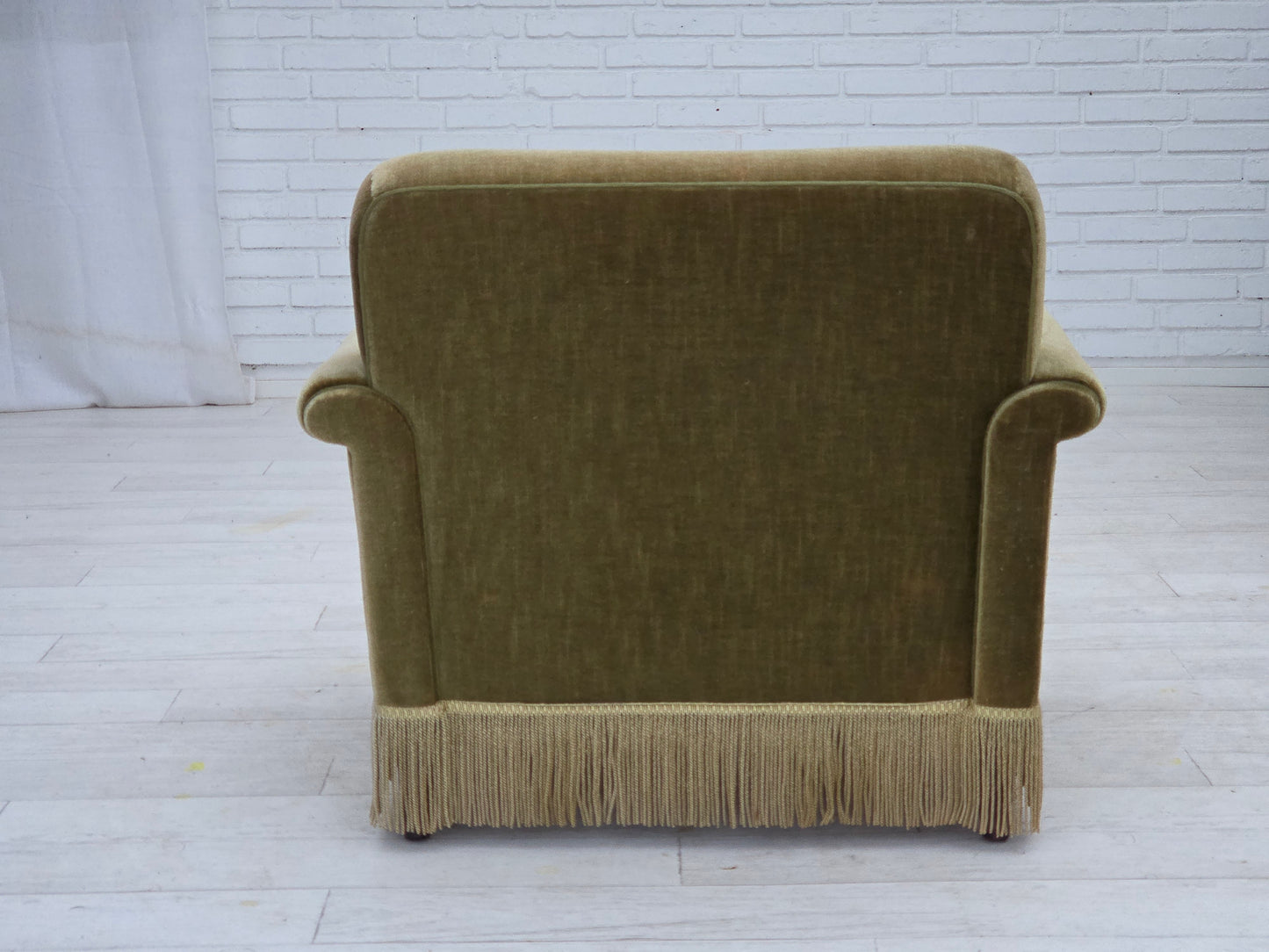 1970s, Danish armchair, original green furniture velour, teak wood legs.