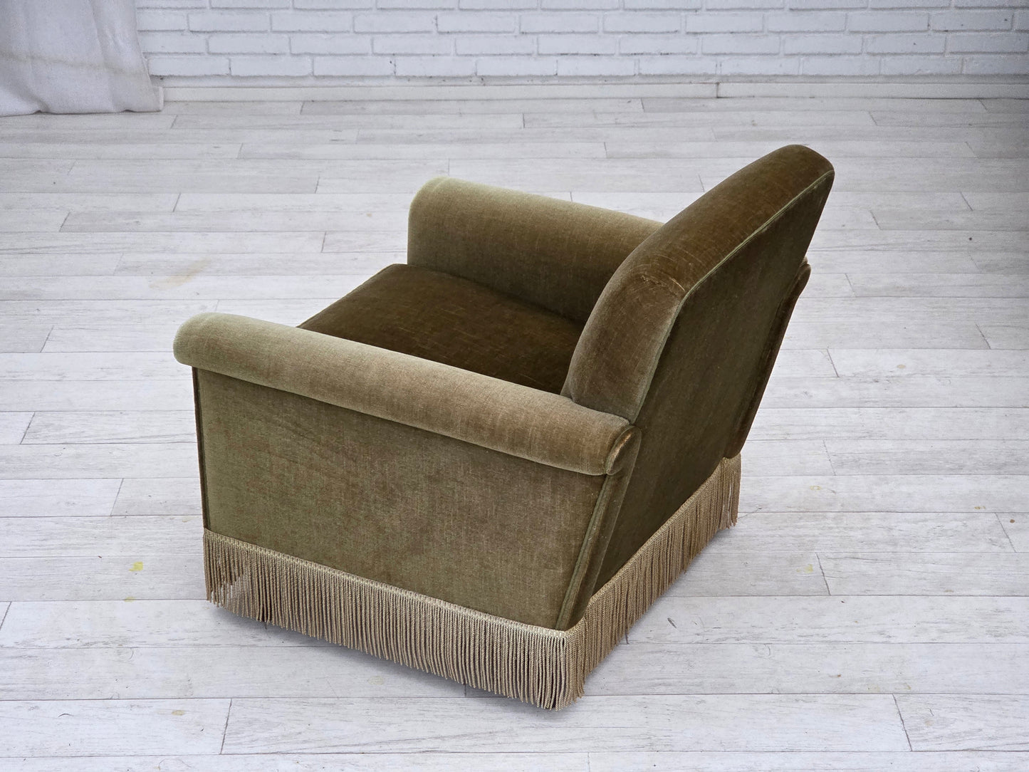 1970s, Danish armchair, original green furniture velour, teak wood legs.