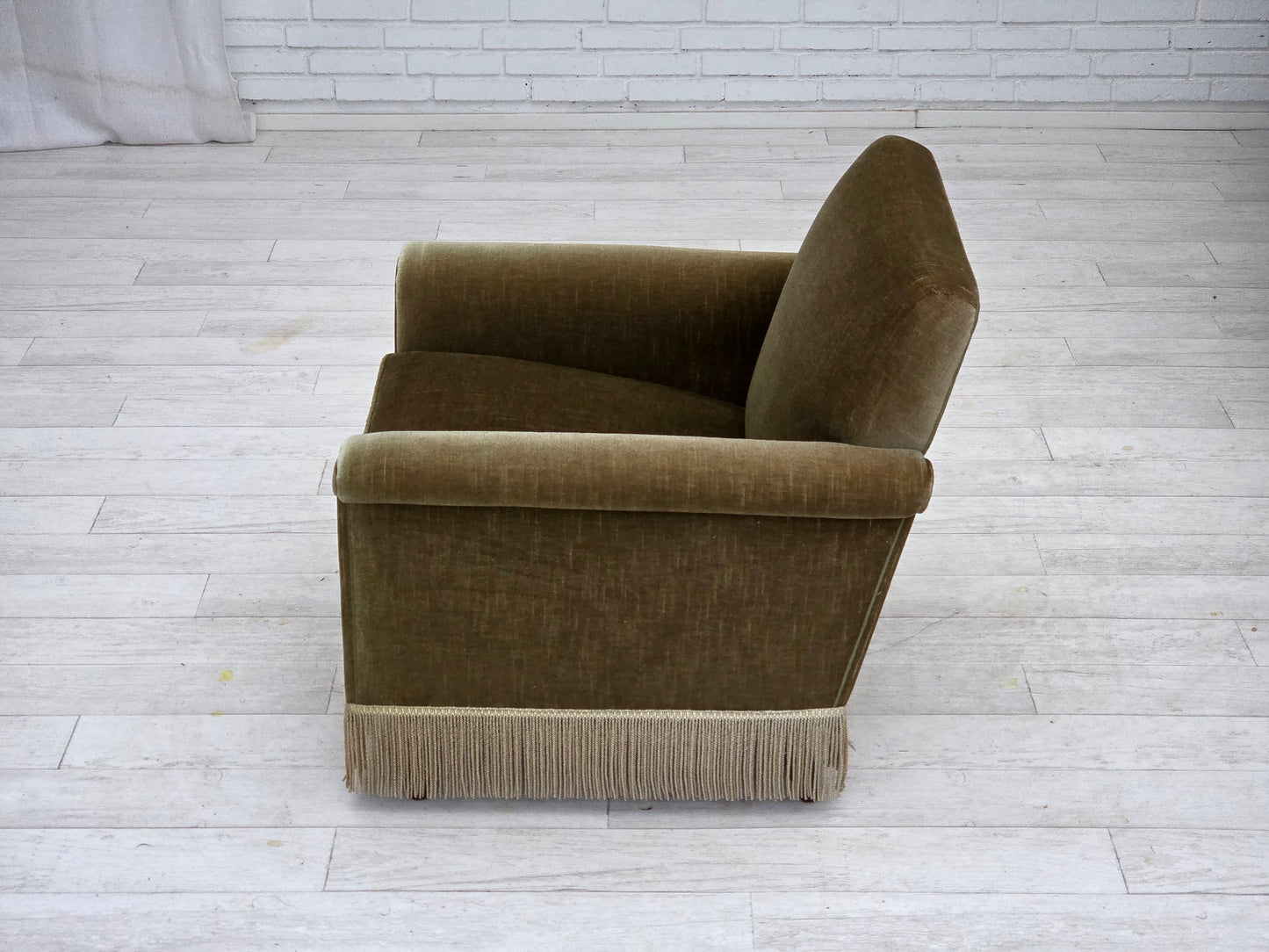 1970s, Danish armchair, original green furniture velour, teak wood legs.