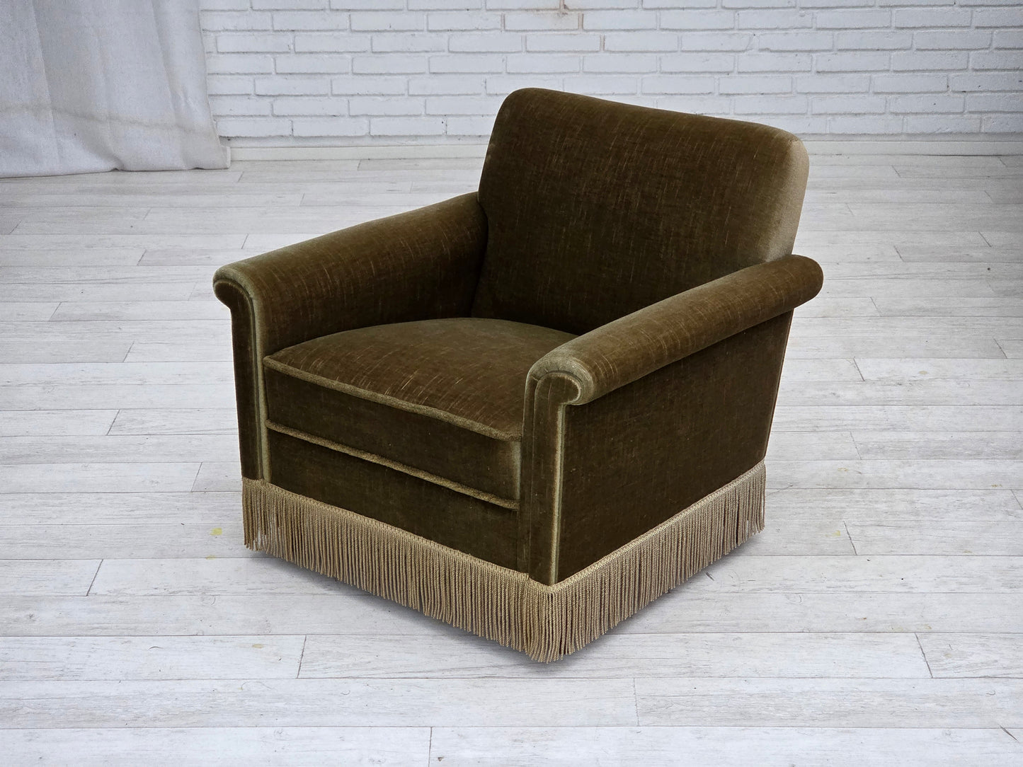 1970s, Danish armchair, original green furniture velour, teak wood legs.