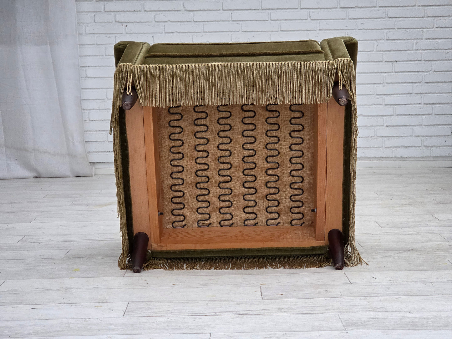 1970s, Danish armchair, original green furniture velour, teak wood legs.