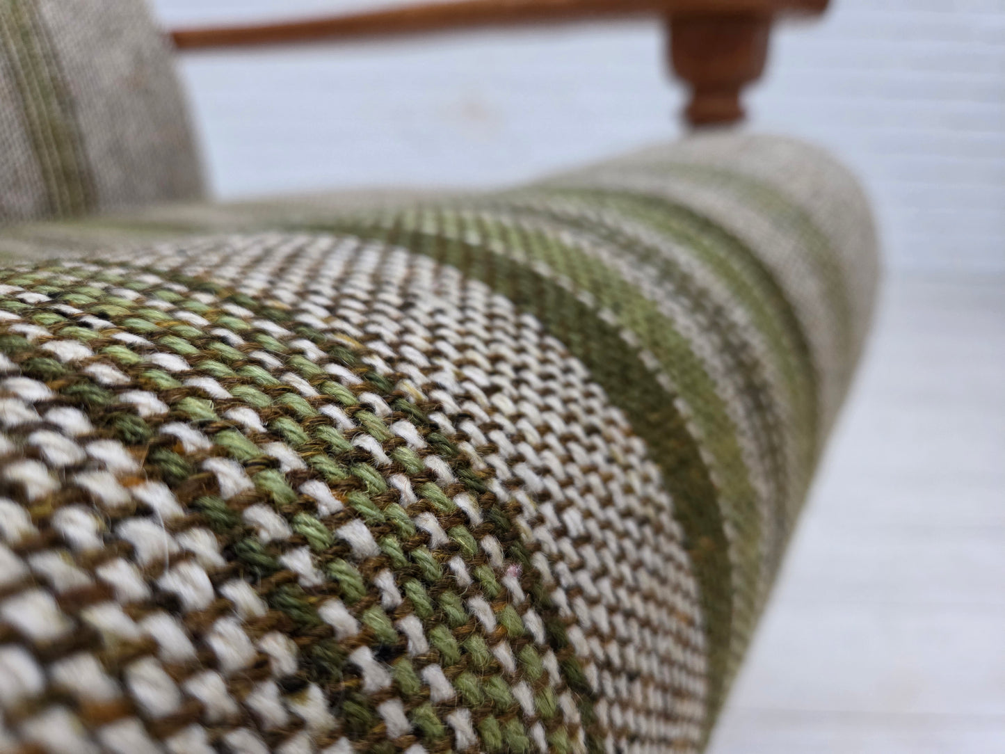 1970s, Danish armchair, original furniture wool fabric, solid oak wood.