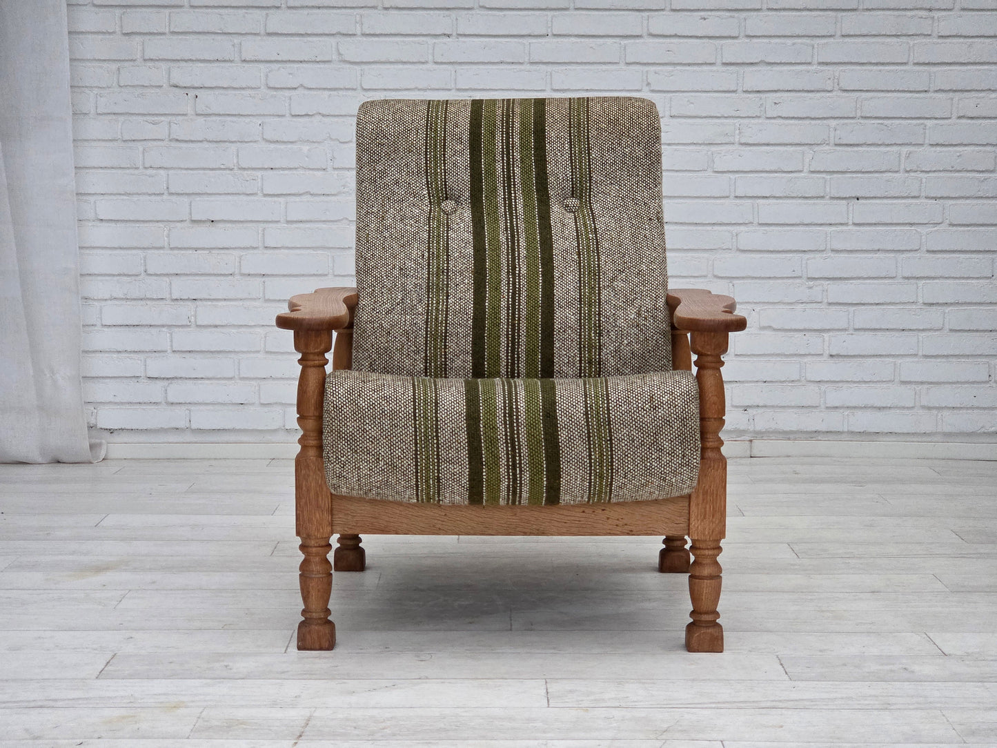1970s, Danish armchair, original furniture wool fabric, solid oak wood.
