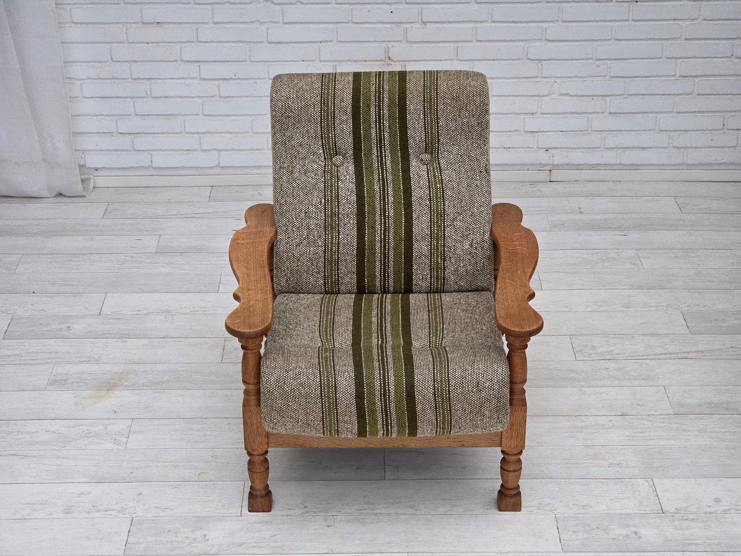 1970s, Danish armchair, original furniture wool fabric, solid oak wood.