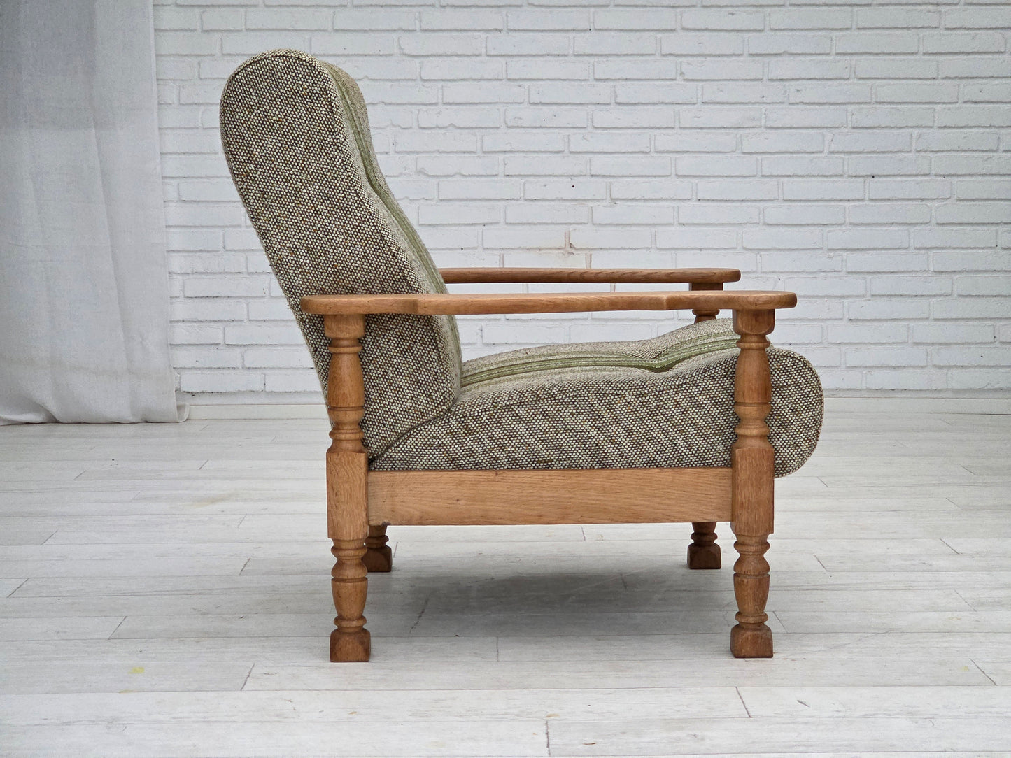 1970s, Danish armchair, original furniture wool fabric, solid oak wood.