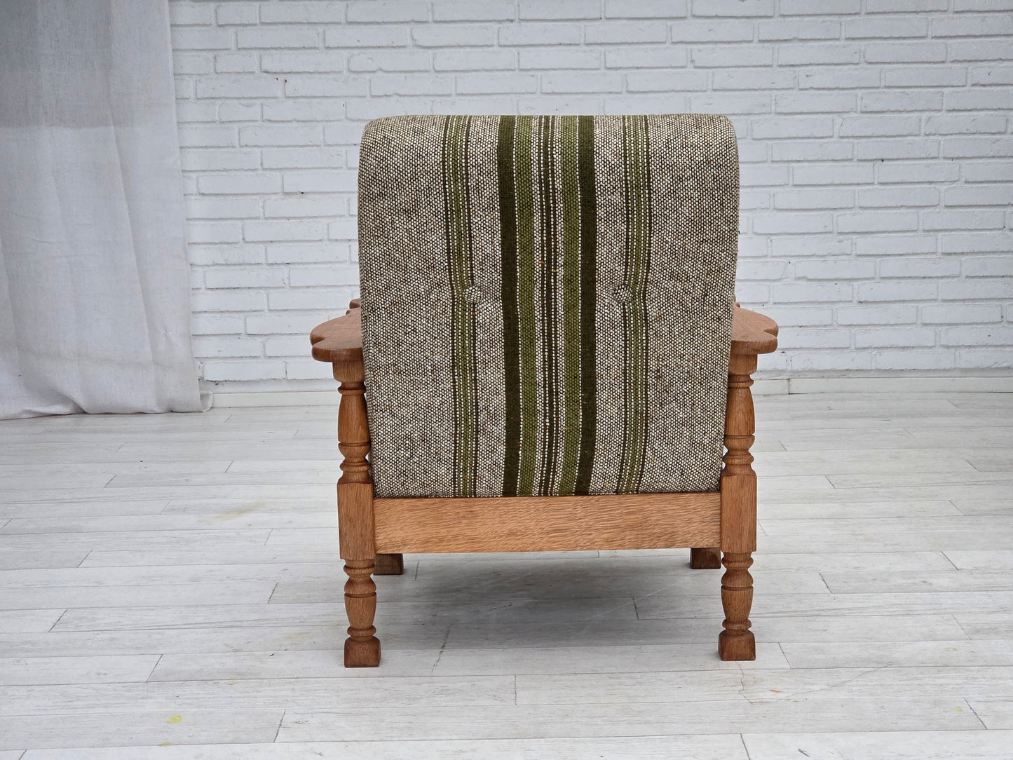 1970s, Danish armchair, original furniture wool fabric, solid oak wood.