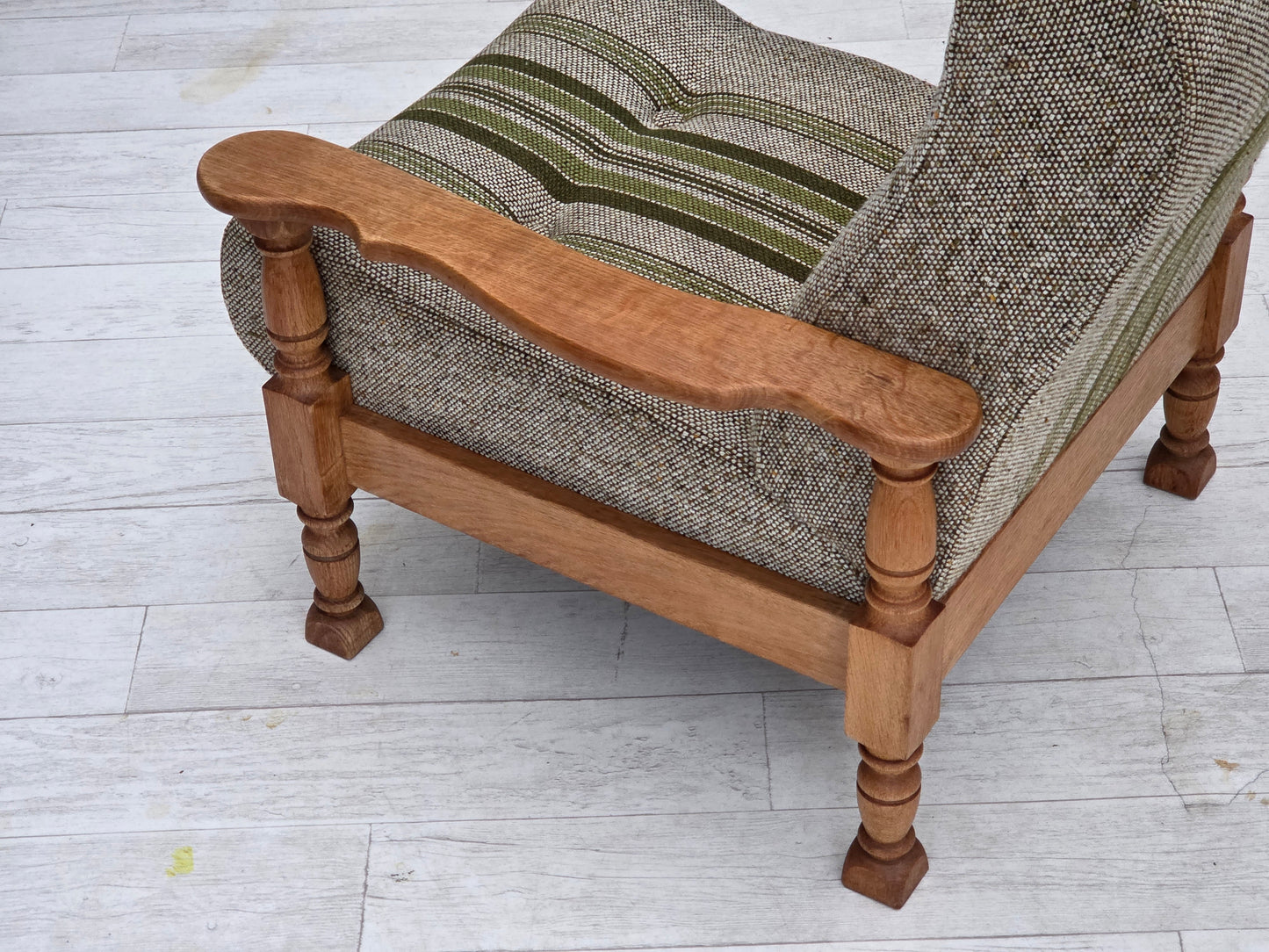 1970s, Danish armchair, original furniture wool fabric, solid oak wood.