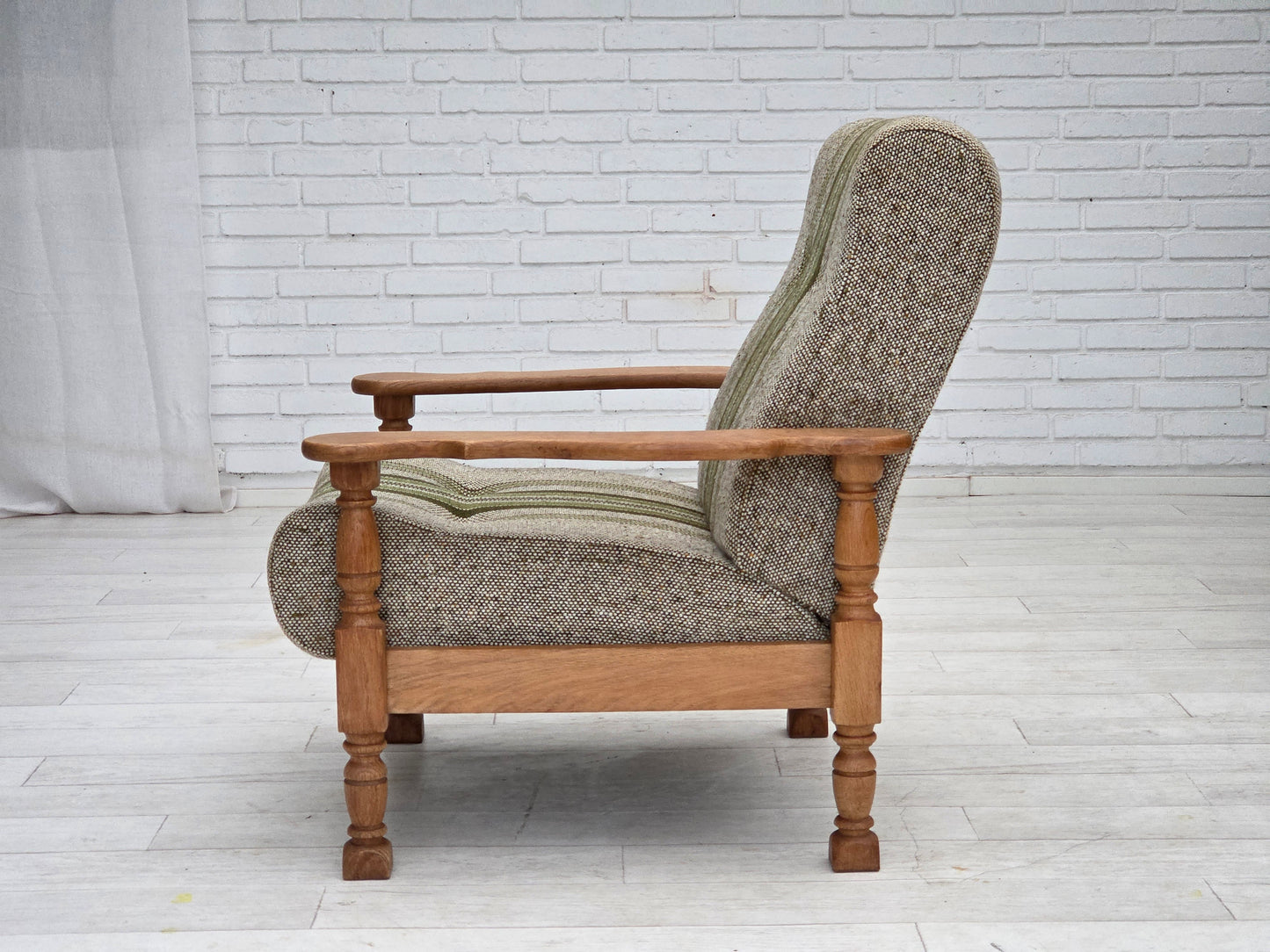 1970s, Danish armchair, original furniture wool fabric, solid oak wood.