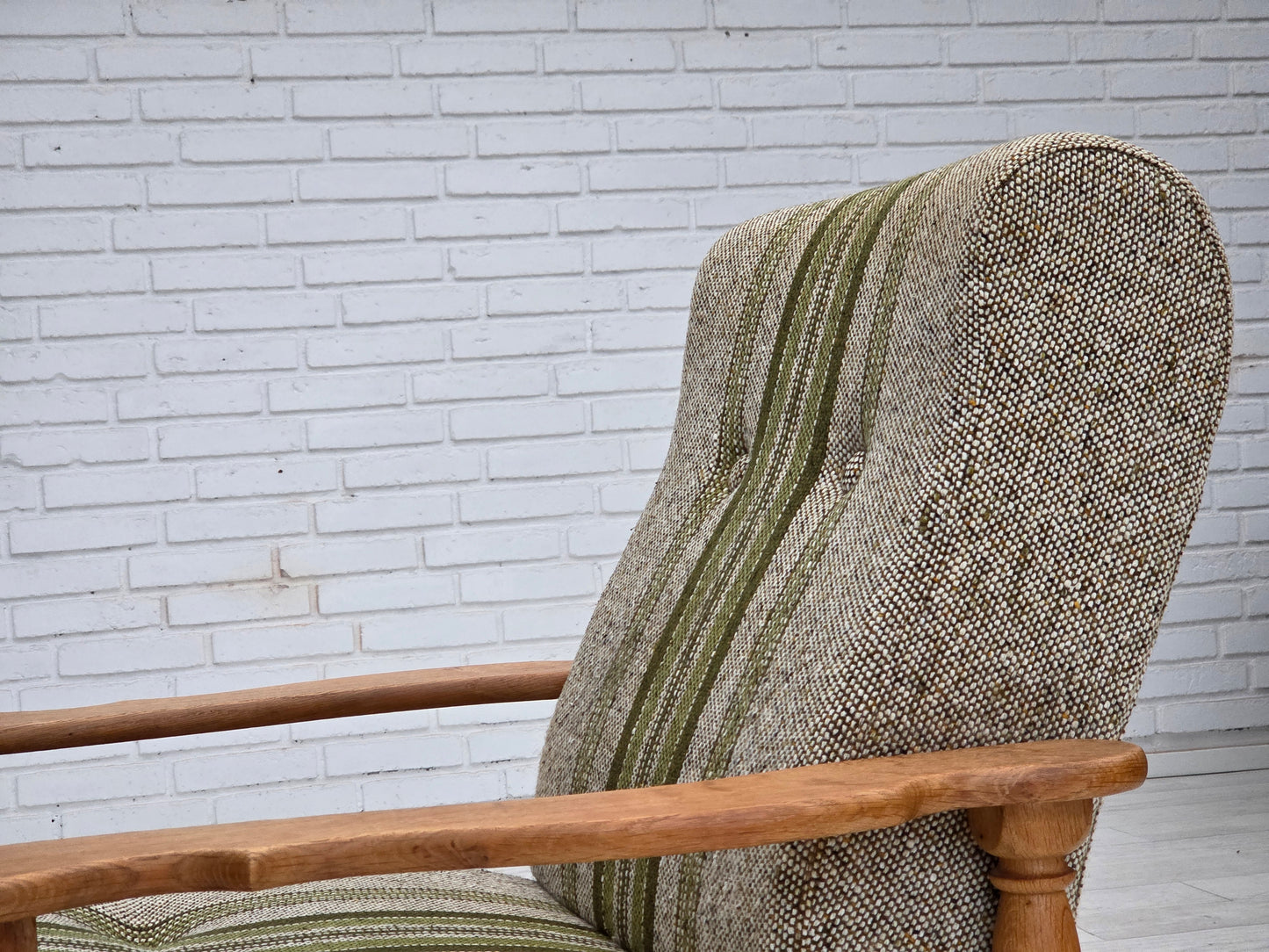 1970s, Danish armchair, original furniture wool fabric, solid oak wood.