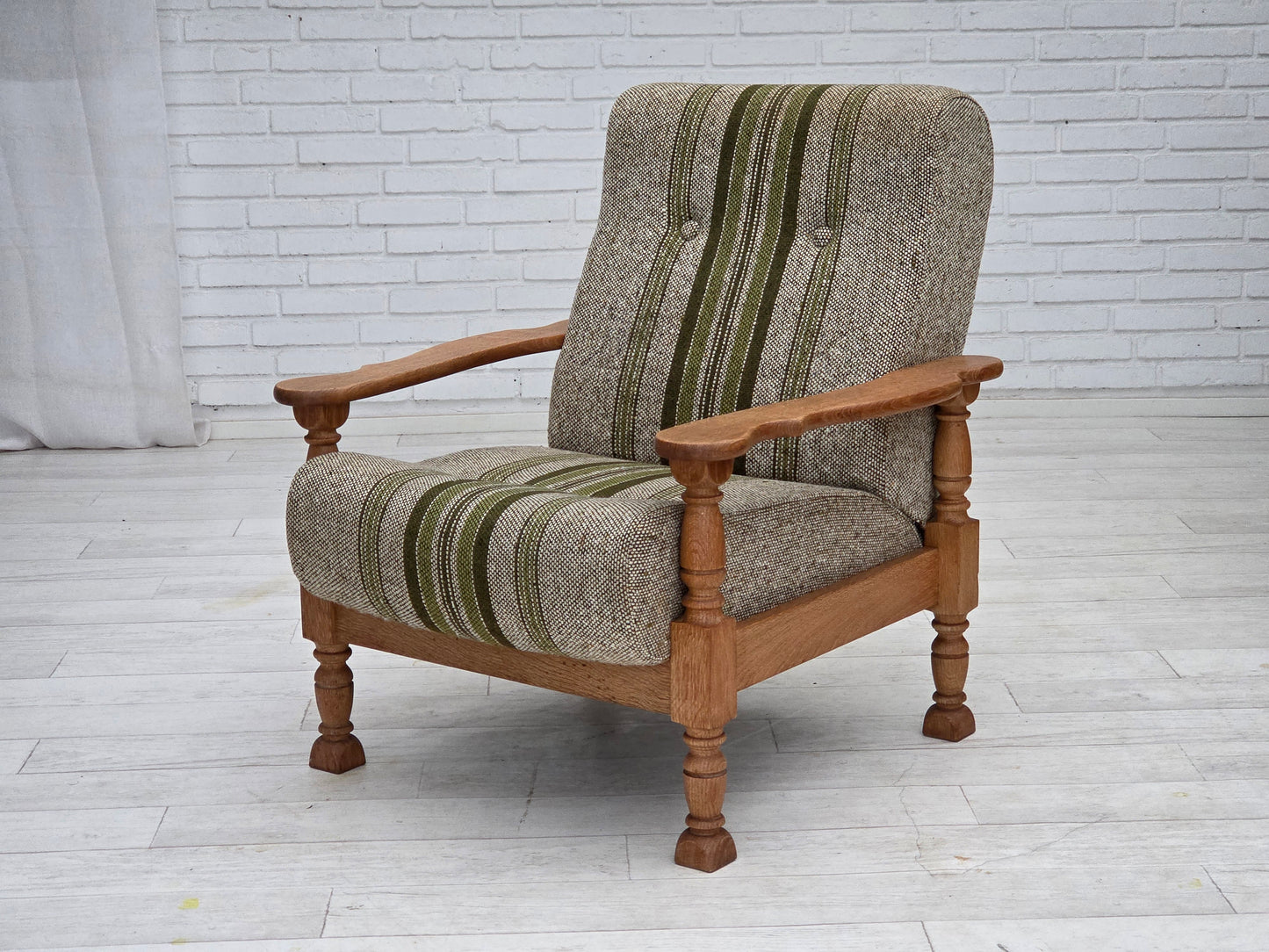 1970s, Danish armchair, original furniture wool fabric, solid oak wood.