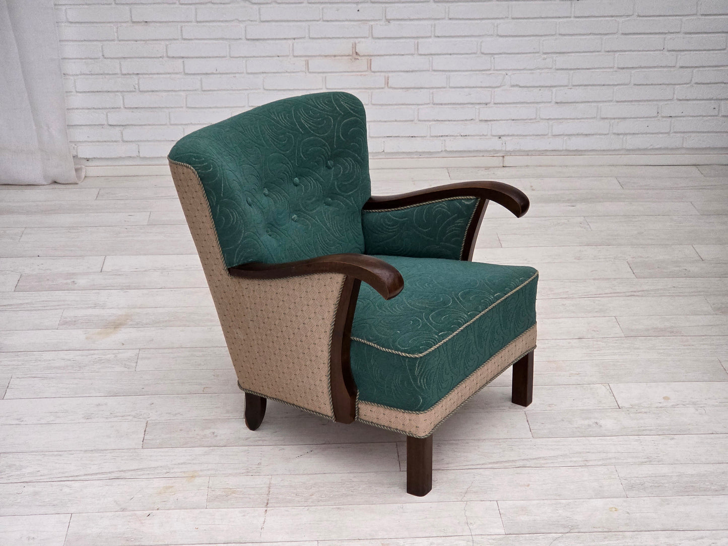 1950s, Danish armchair, original green/beige furniture wool, beech wood.