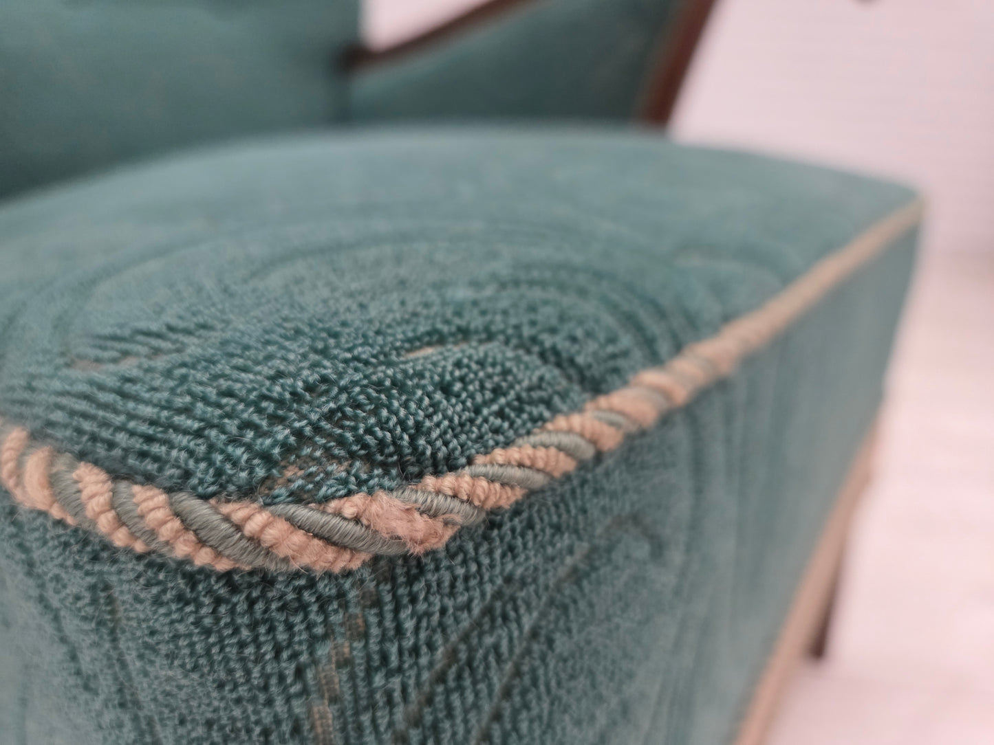 1950s, Danish armchair, original green/beige furniture wool, beech wood.