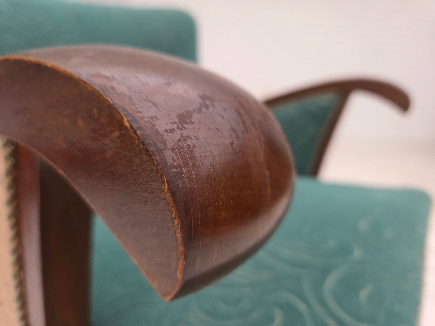 1950s, Danish armchair, original green/beige furniture wool, beech wood.