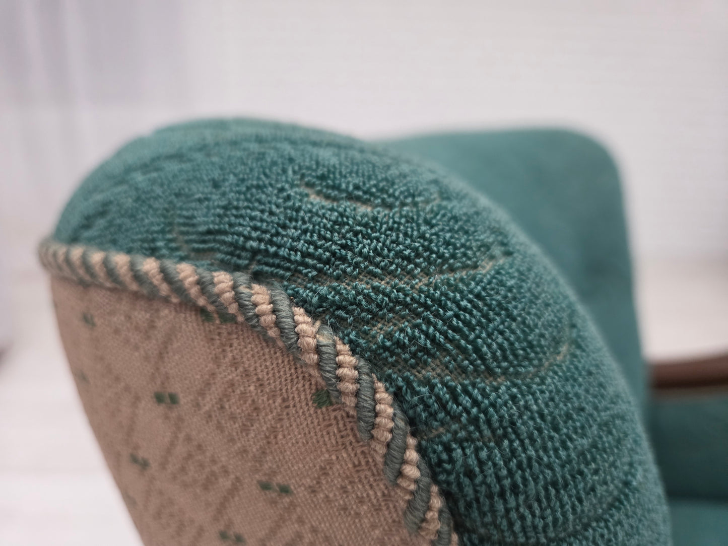 1950s, Danish armchair, original green/beige furniture wool, beech wood.