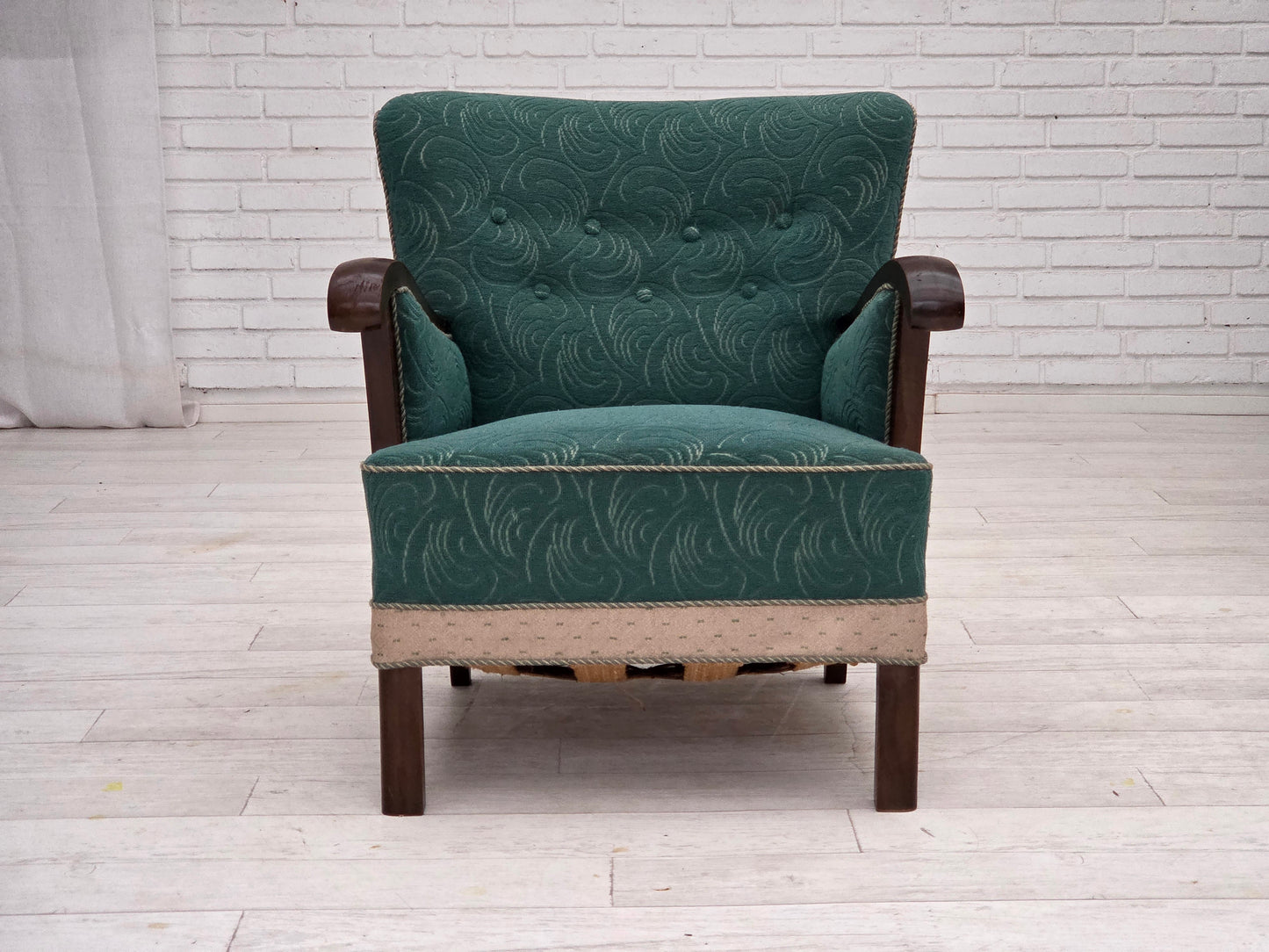 1950s, Danish armchair, original green/beige furniture wool, beech wood.
